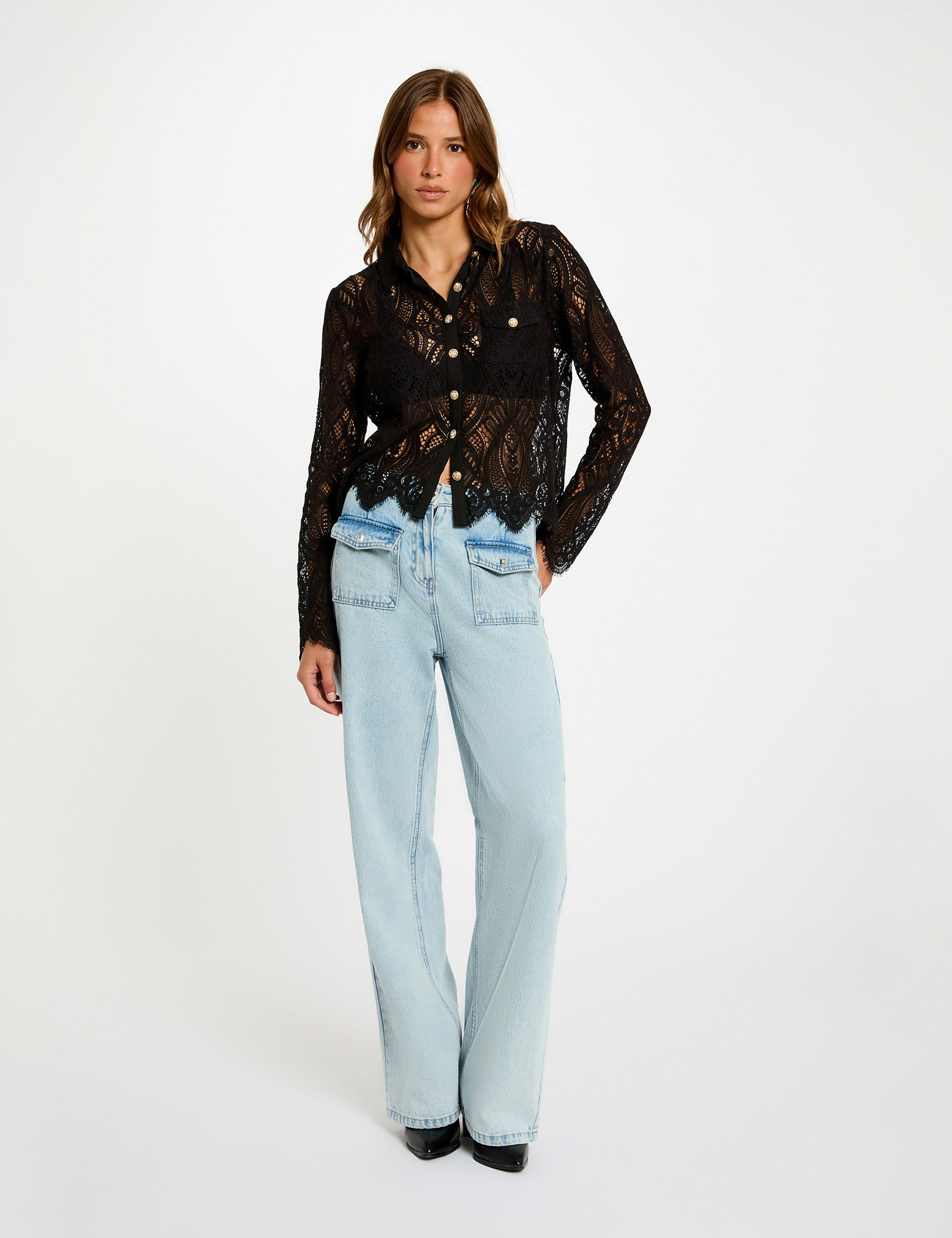 Korte kanten blouse zwart vrouw