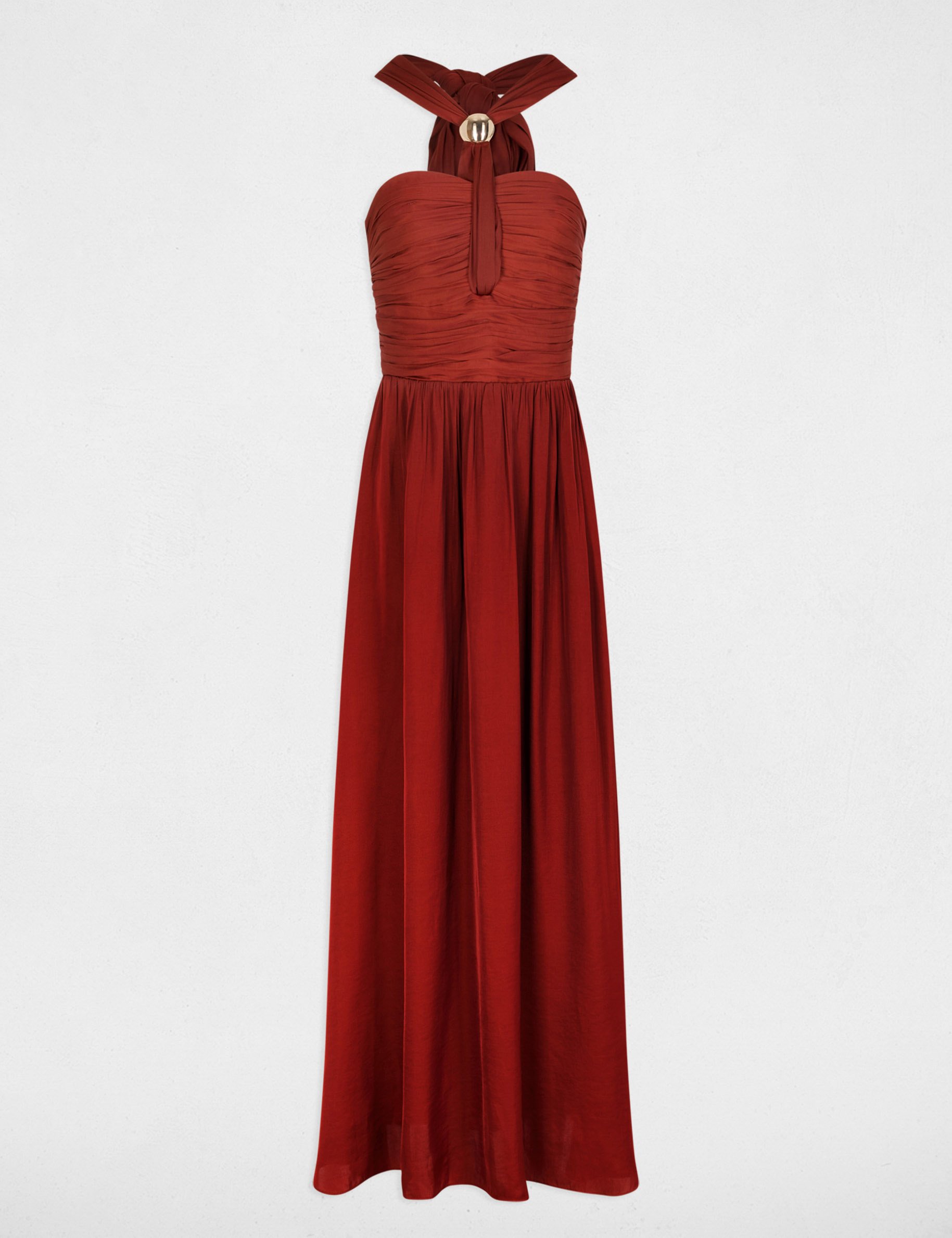 Robe longue col nou&eacute; marron cognac femme
