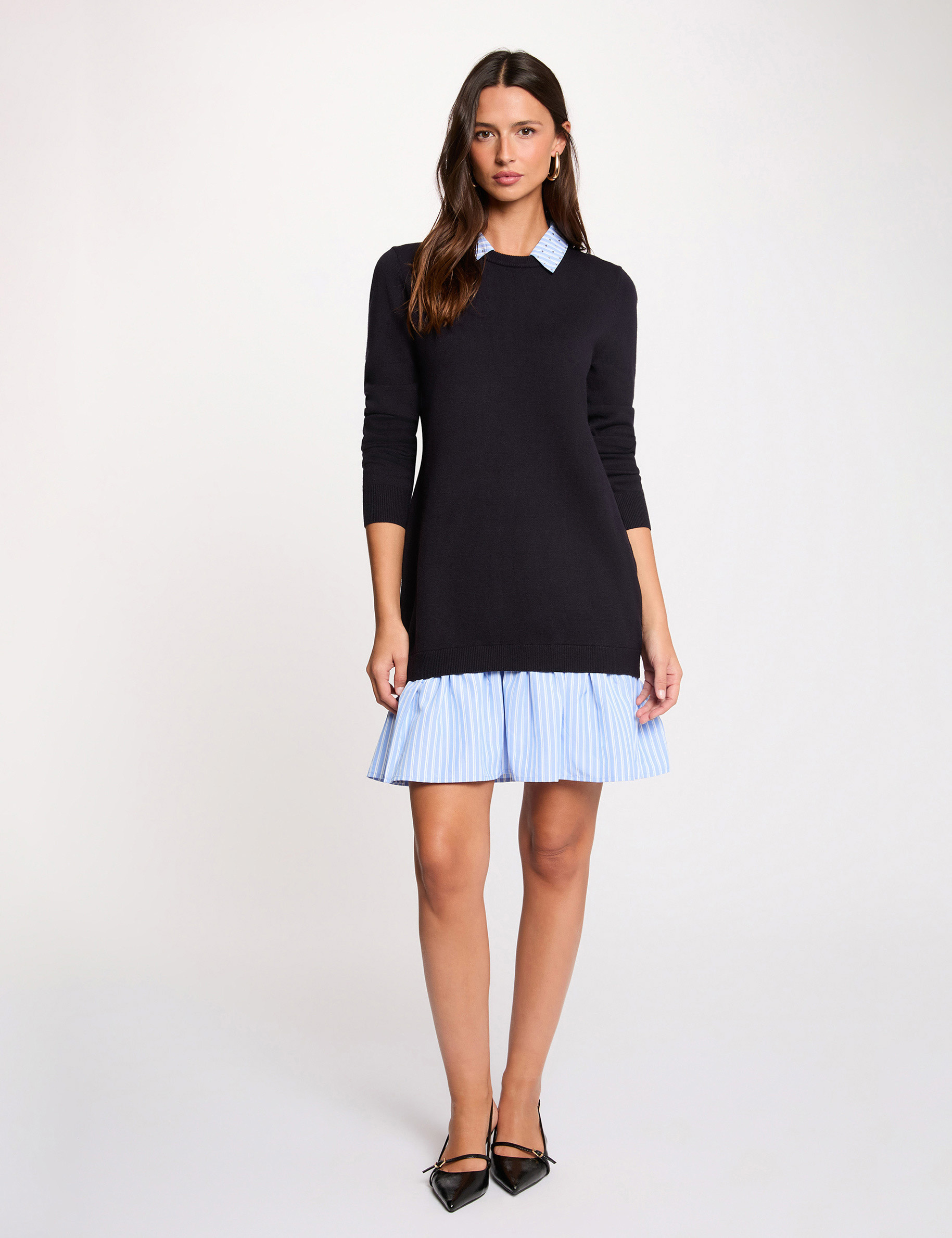Robe tricot col &agrave; revers bleu marine femme