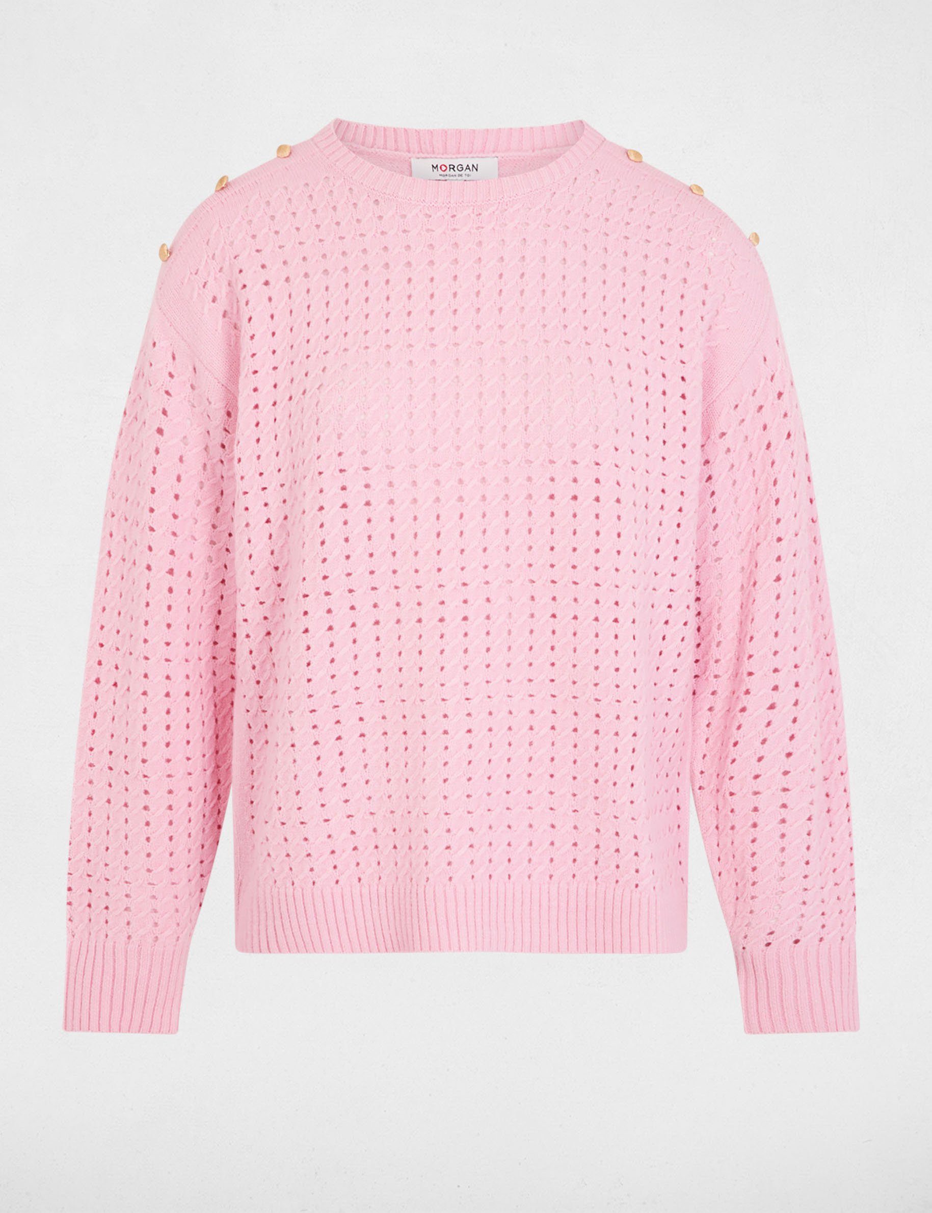 Pull &eacute;paules boutonn&eacute;es rose clair femme