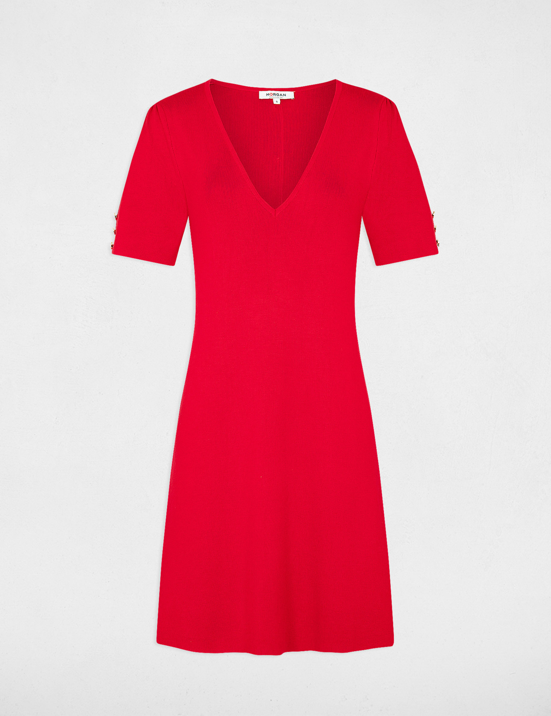 Gebreide, rechte, knielange jurk rood vrouw