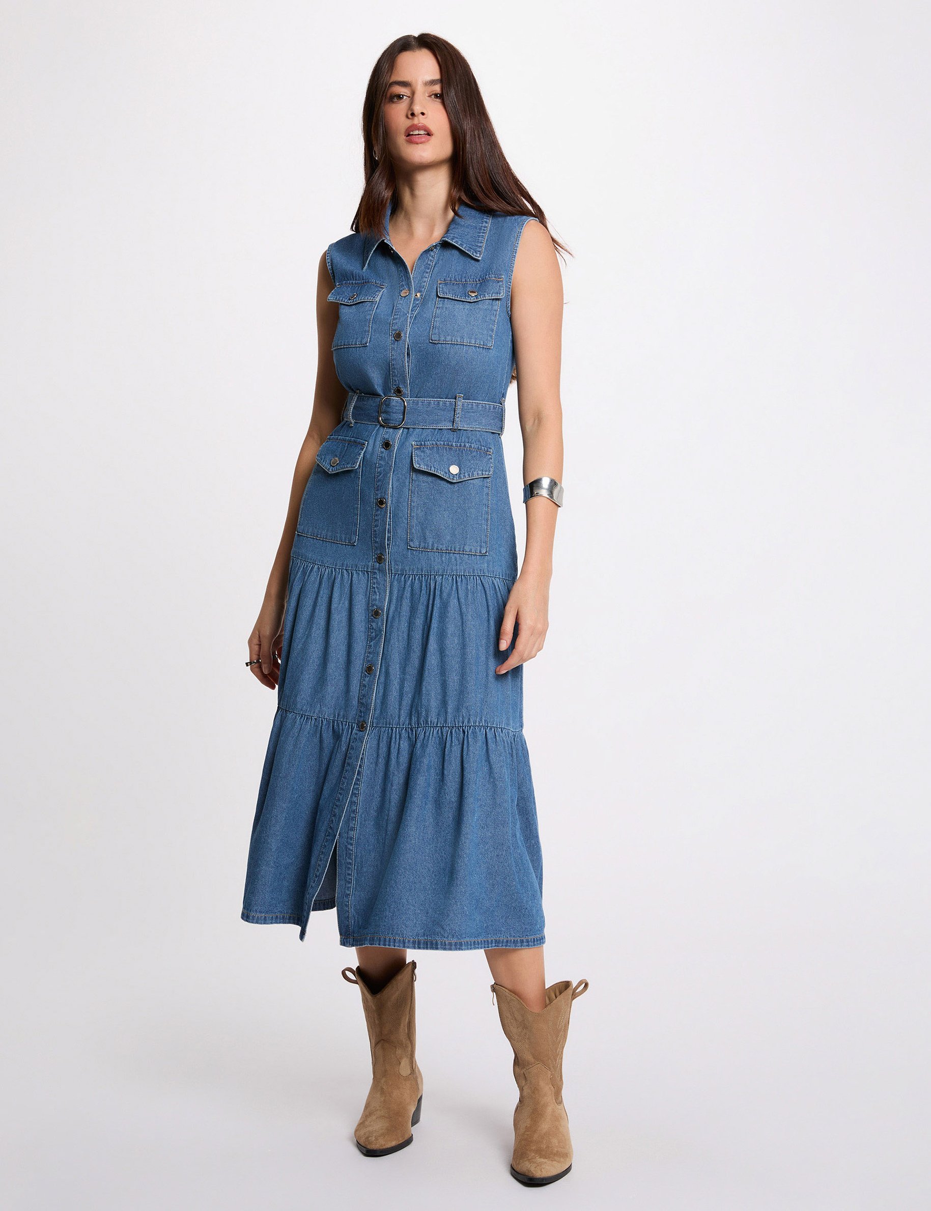 Robe longue droite en jean denim stone femme