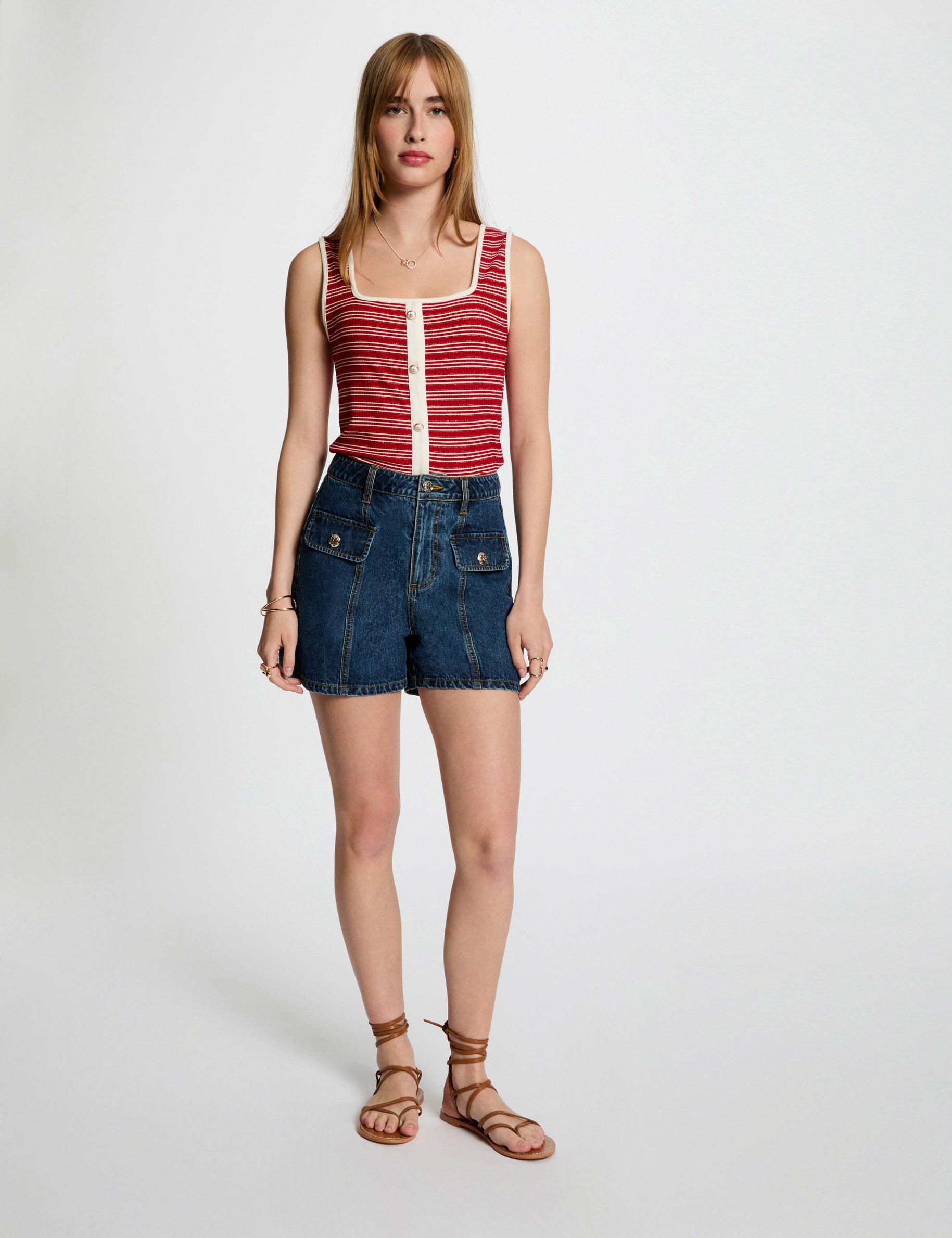 gestreepte mouwloze tanktop helder wit vrouw Gestreepte mouwloze tanktop helder wit vrouw