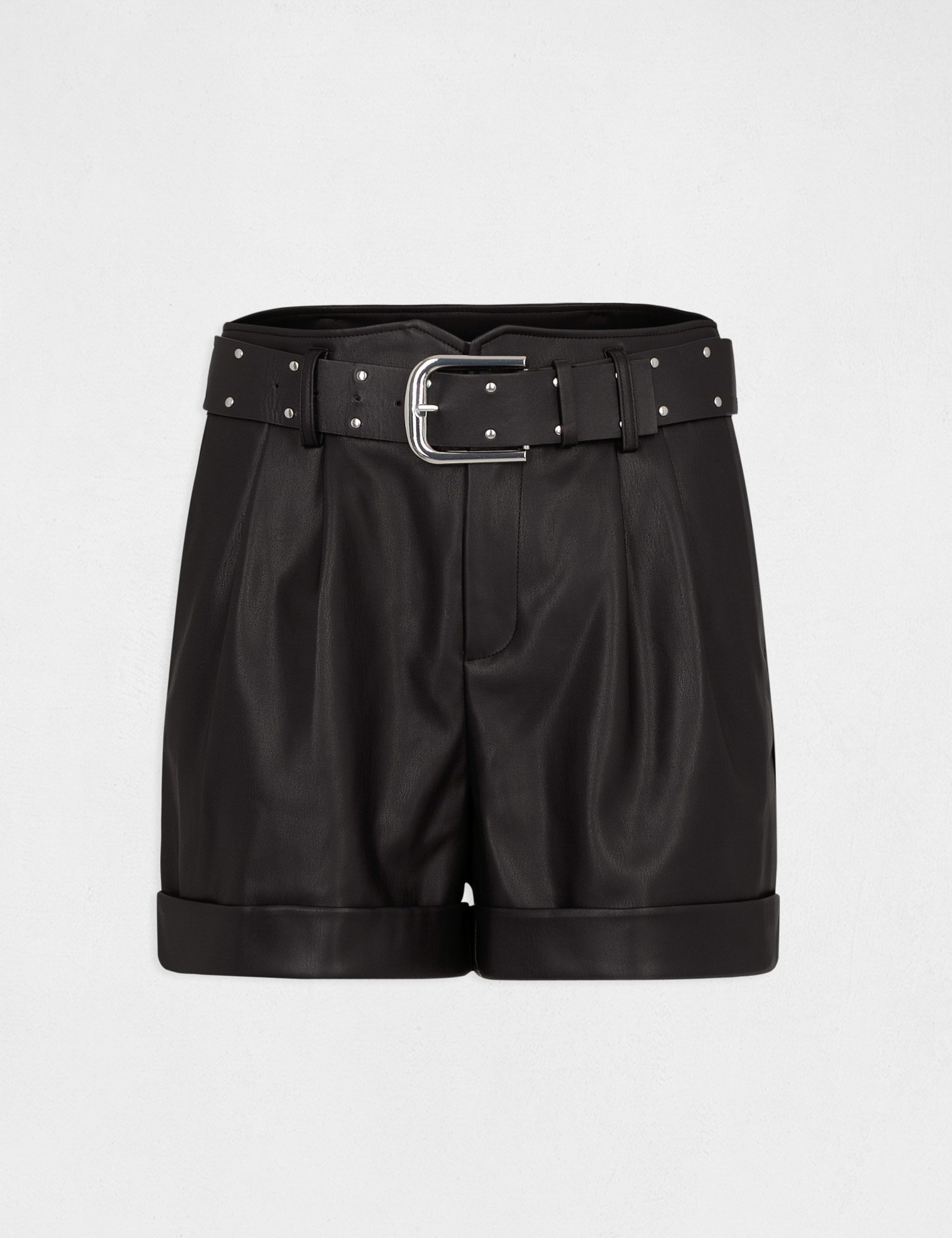 Short droit taille haute ceintur&eacute; noir femme