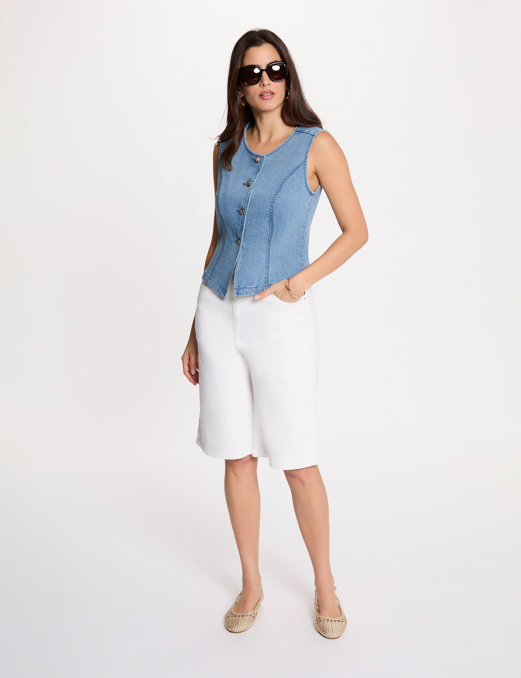 Mouwloos vest dubbel stone washed denim vrouw
