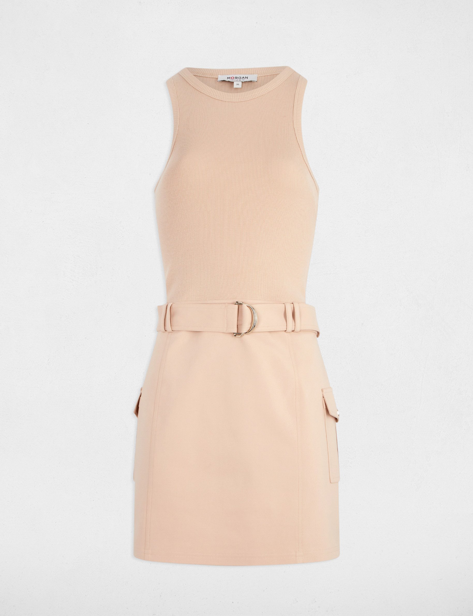 korte aansluitende jurk met riem beige vrouw Korte aansluitende jurk met riem beige vrouw