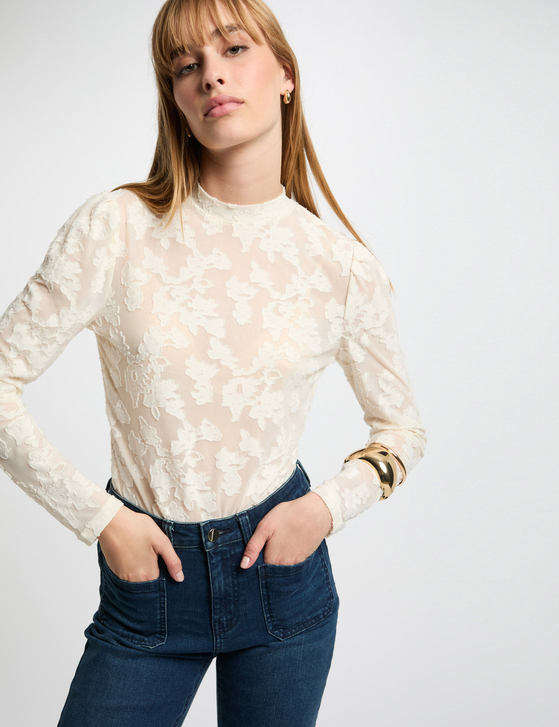 t shirt manches longues ivoire femme T-shirt manches longues ivoire femme