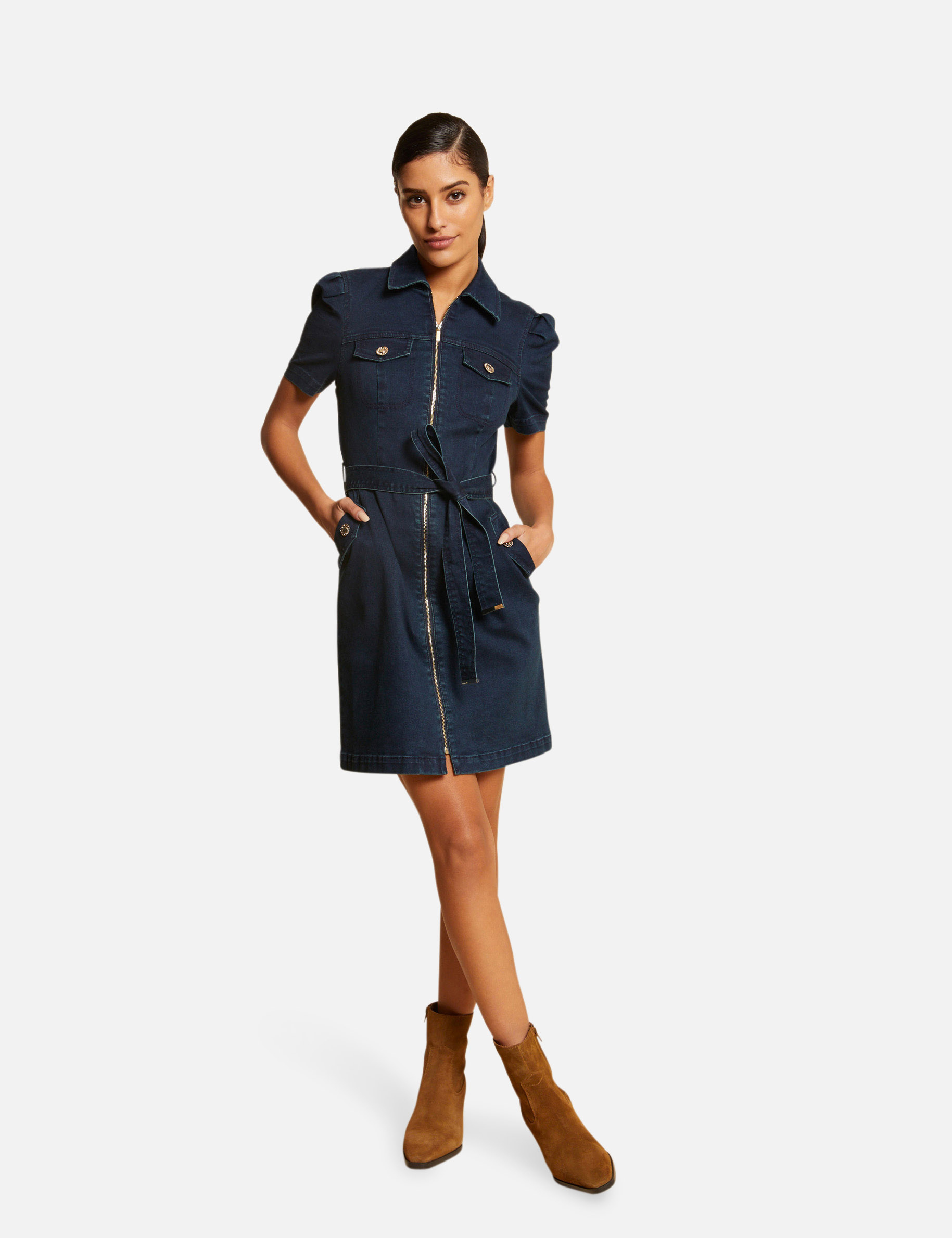 Robe droite zippée ceinturée en jean jean brut femme