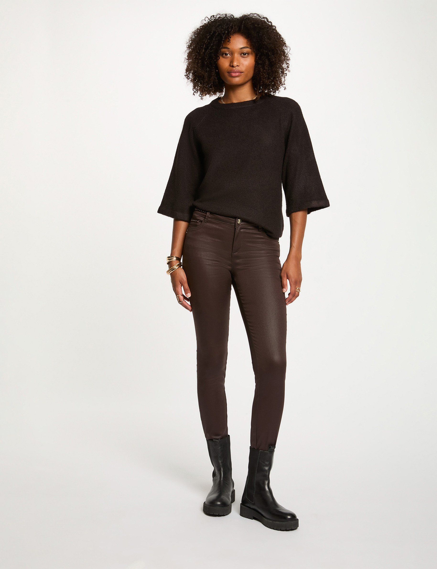 Pull manches 3/4 oversize marron fonc&eacute; femme