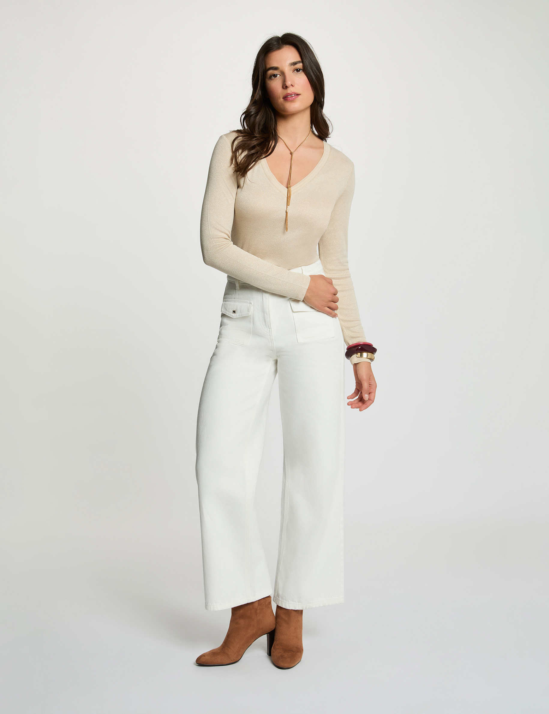 Getailleerd V-hals T-shirt ivoor vrouw