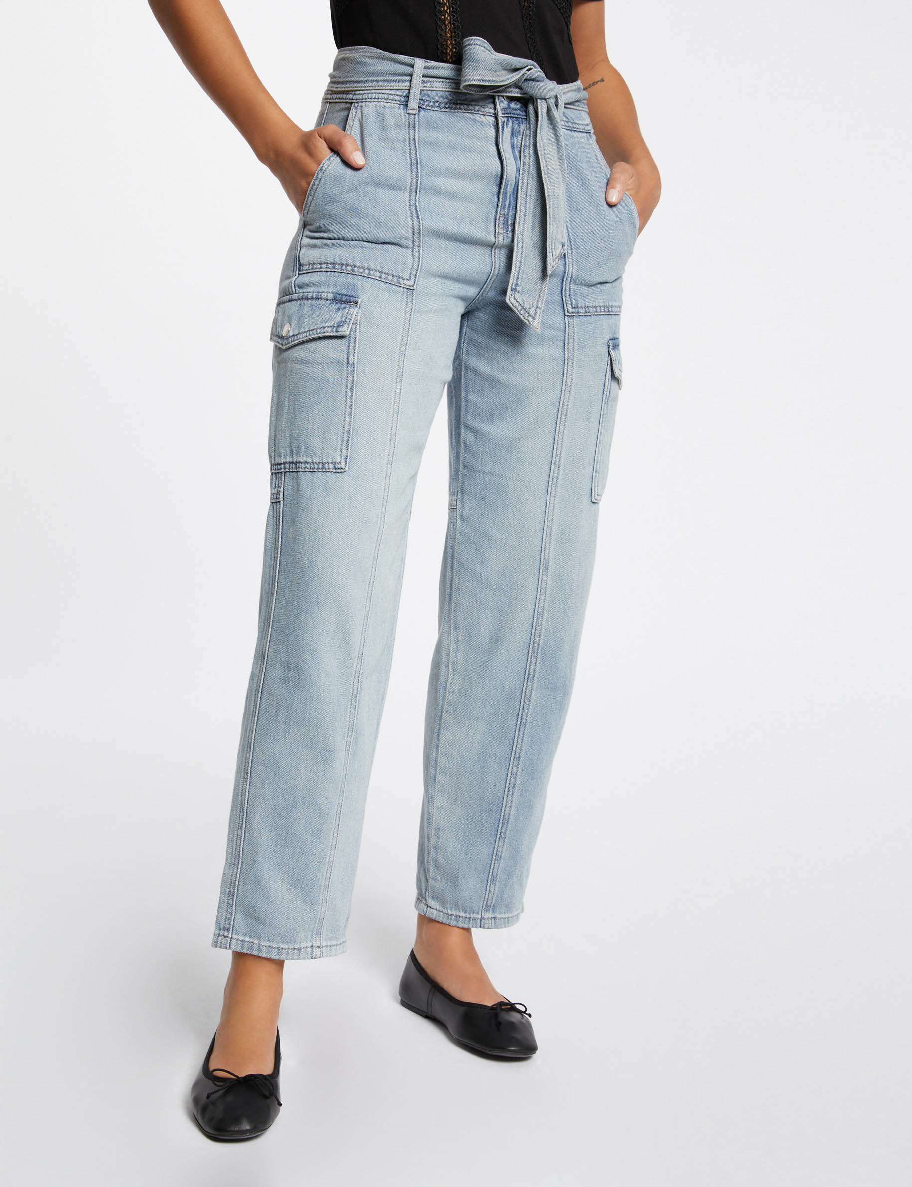 Jeans large cargo taille haute ceinturé jean bleached femme