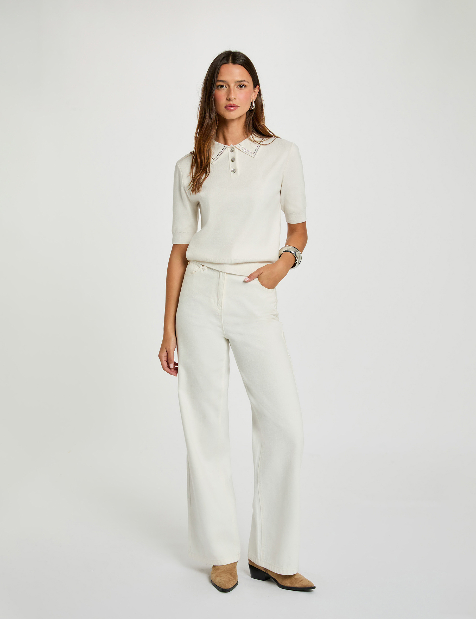 Pull ajusté col polo ecru femme
