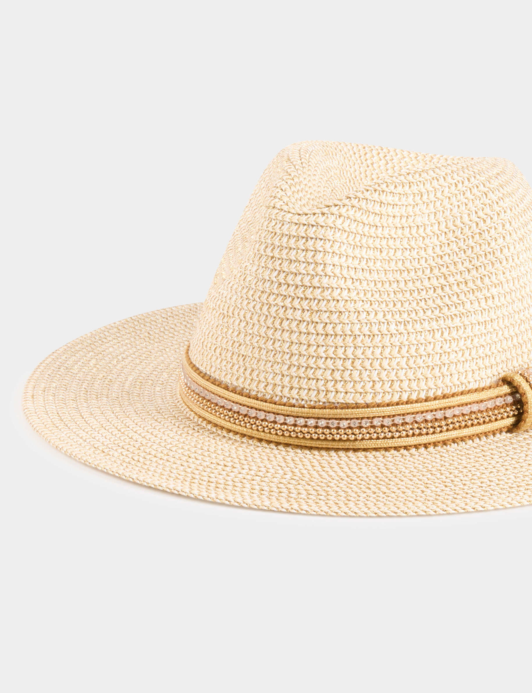 gevlochten hoed met sieraden details beige vrouw Gevlochten hoed met sieraden details beige vrouw