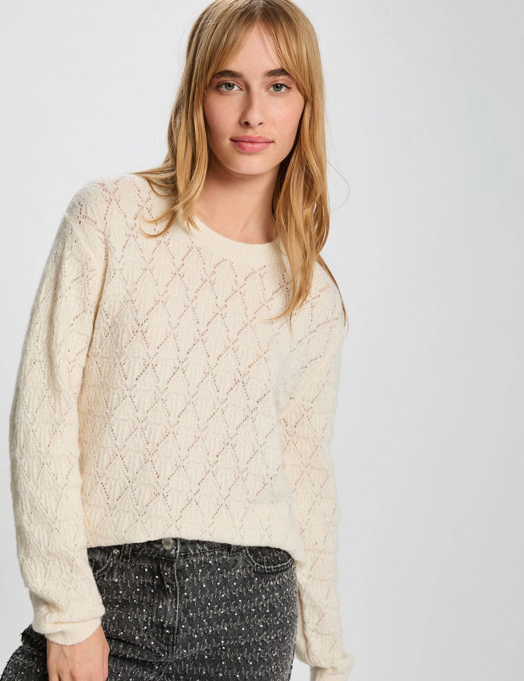 Pull col rond fantaisie ivoire femme