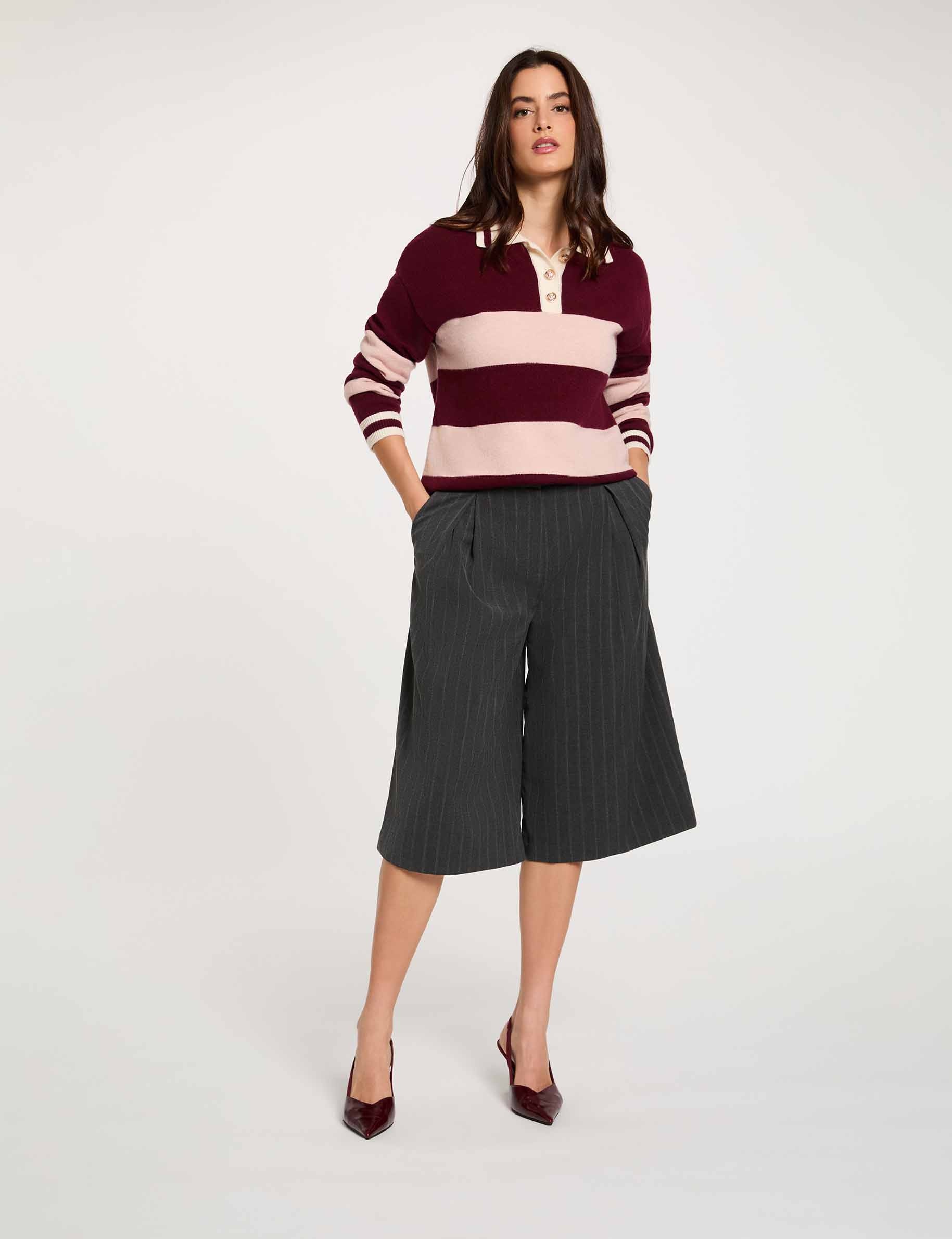 Pull col &agrave; revers bordeaux femme