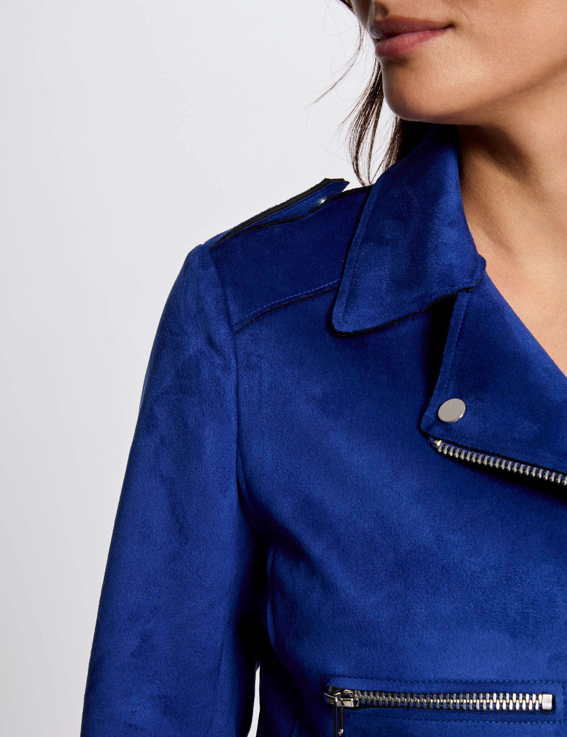 blouson court zippe suedine bleu electrique femme Blouson court zippé suédine bleu electrique femme