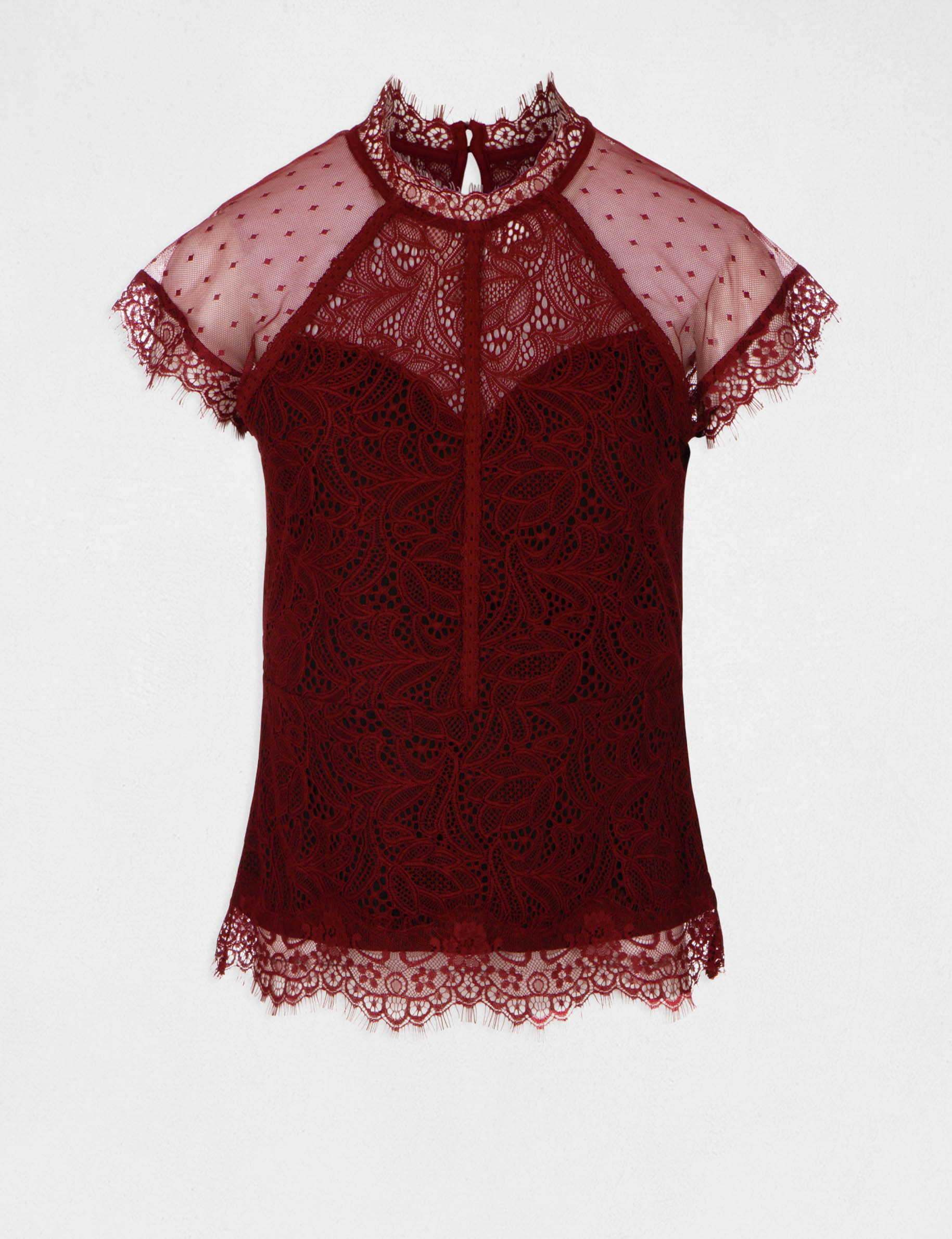 Blouse manches courtes dentelle plumetis bordeaux femme