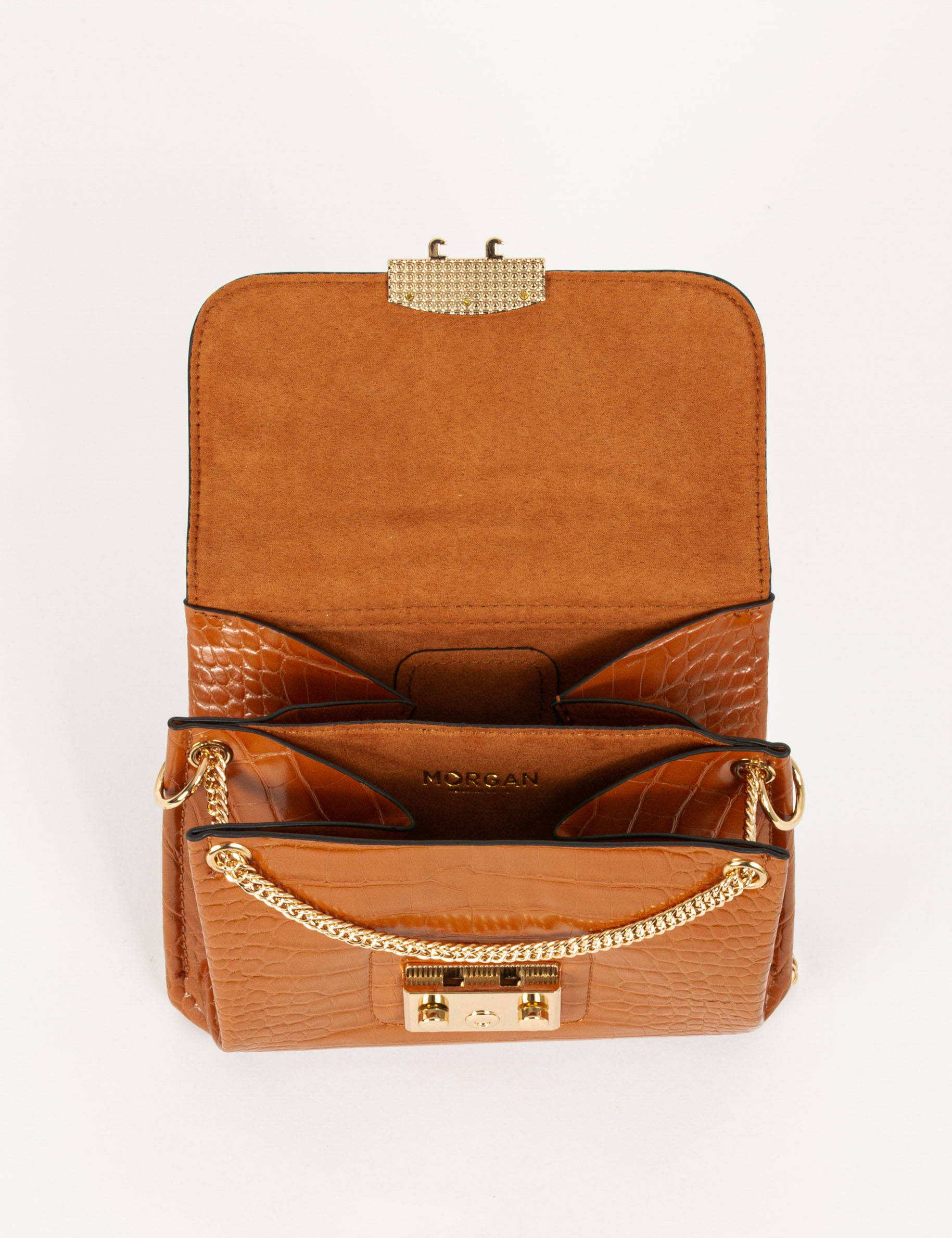 Sac pochette aspect croco caramel femme