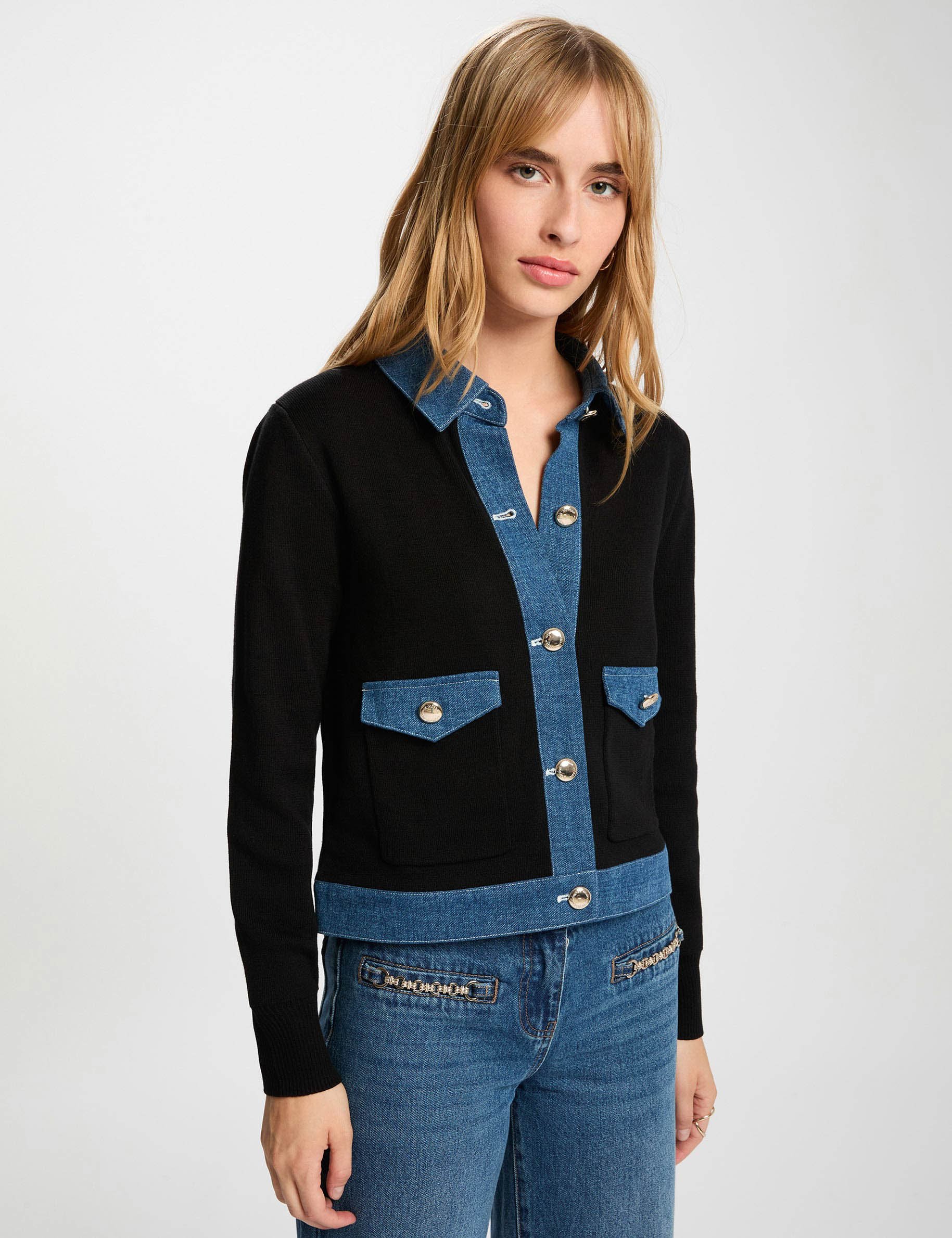 Gilet col &agrave; revers ray&eacute; noir femme