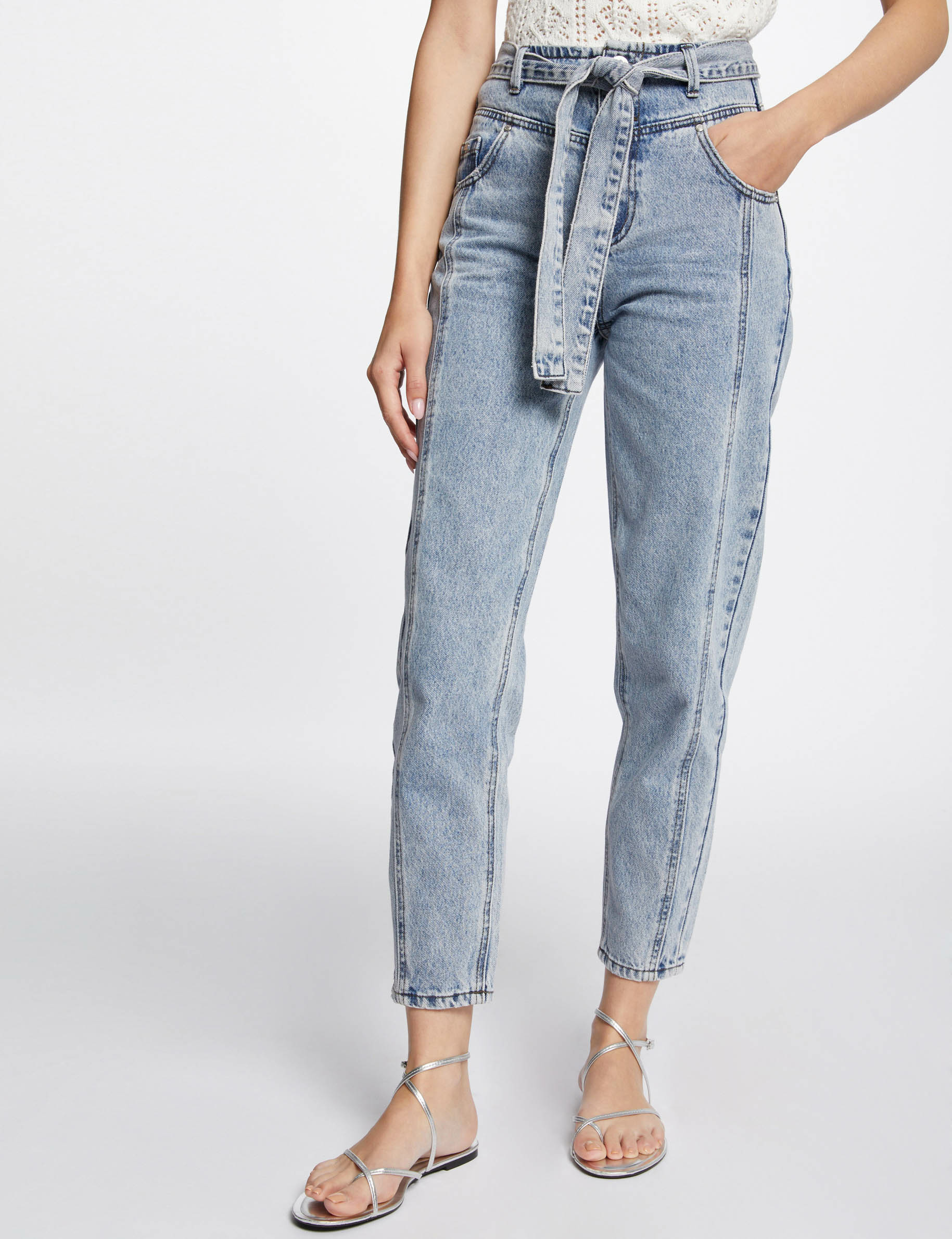 Jeans regular ceinturé 7/8ème jean bleached femme