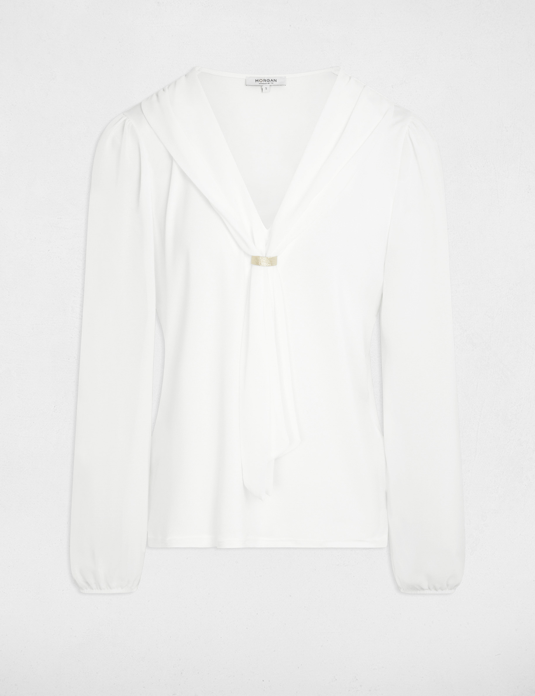 T-shirt voile col lavalli&egrave;re blanc femme