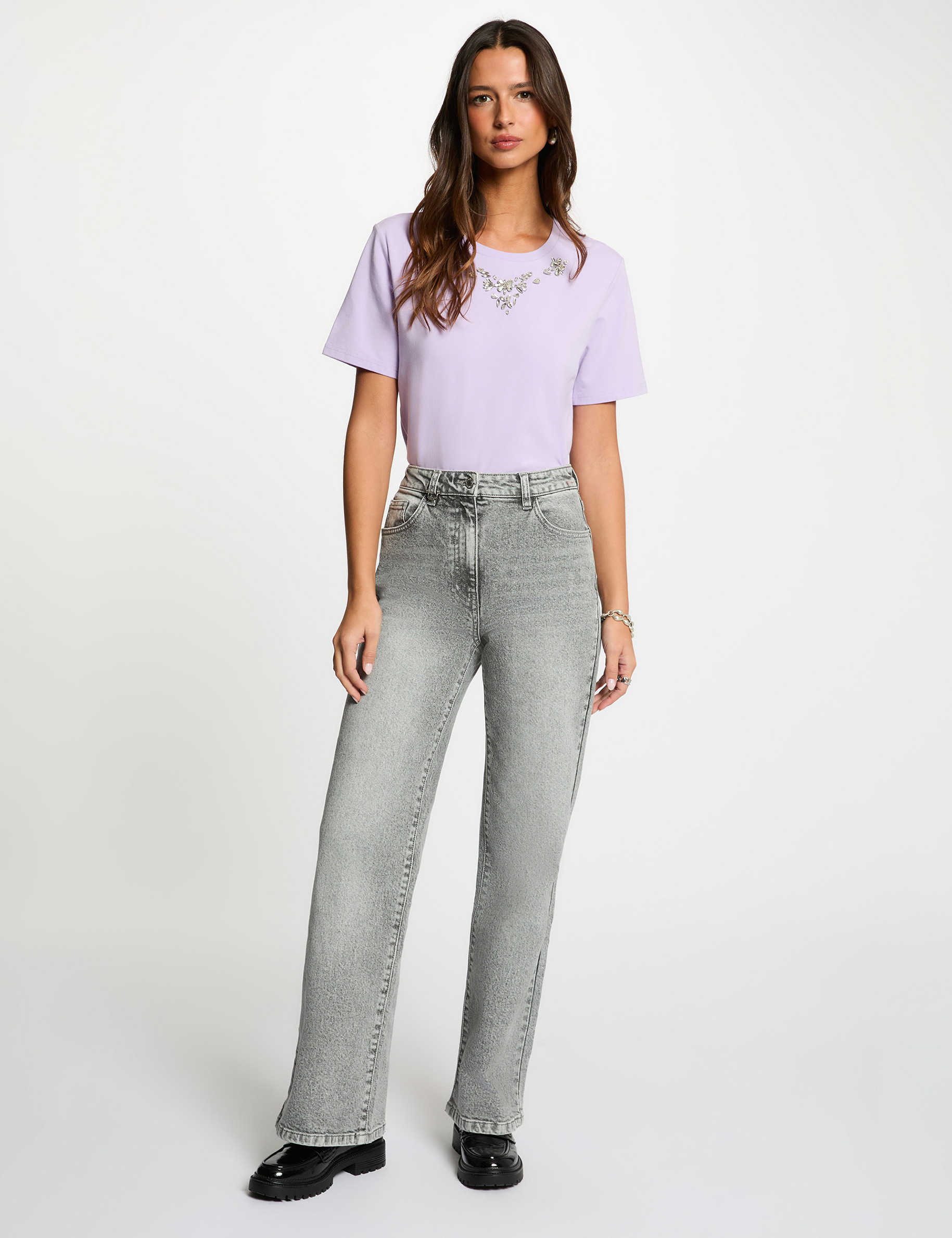 T-shirt met strass en korte mouwen mauve vrouw