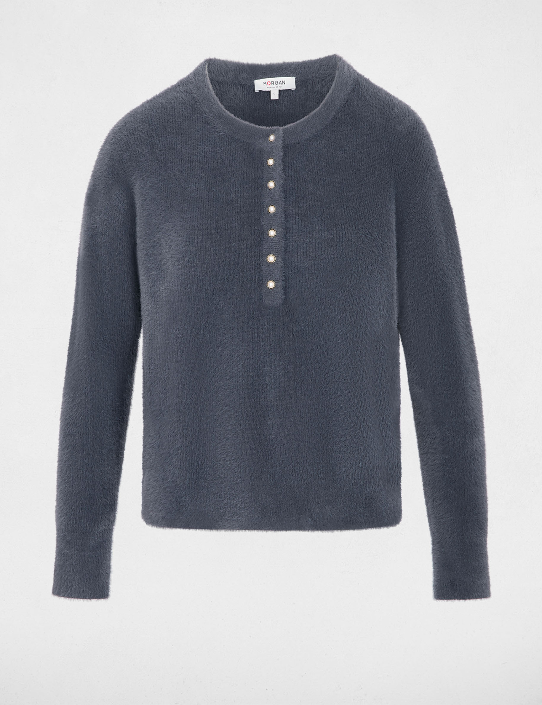 Pull col rond &agrave; boutons denim gris fonce femme
