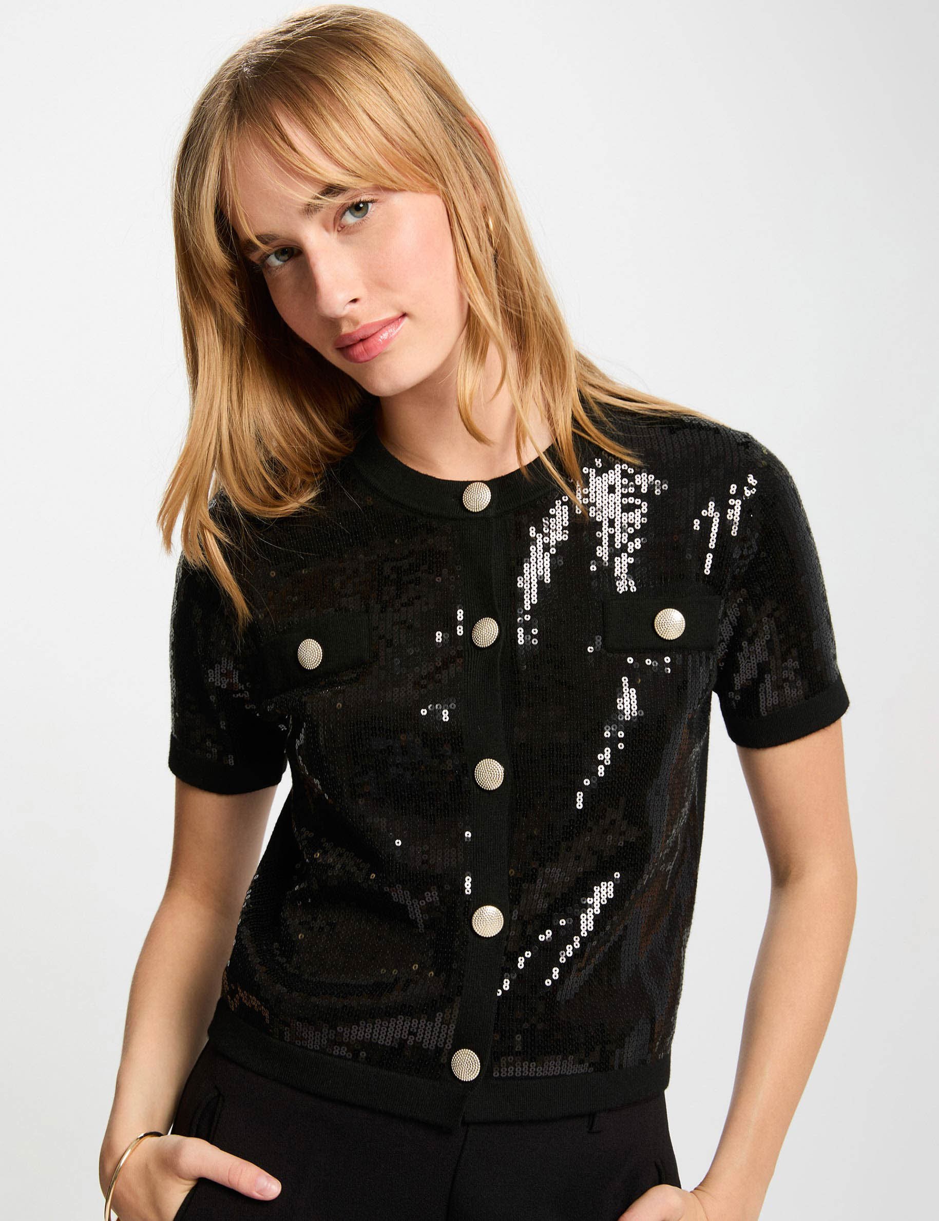 Vest met ronde hals en pailletten zwart vrouw