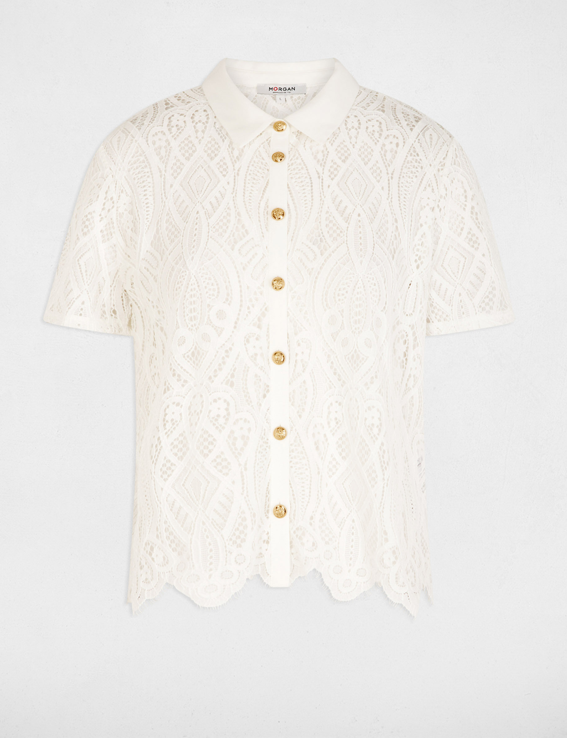 Chemise dentelle col &agrave; revers blanc femme