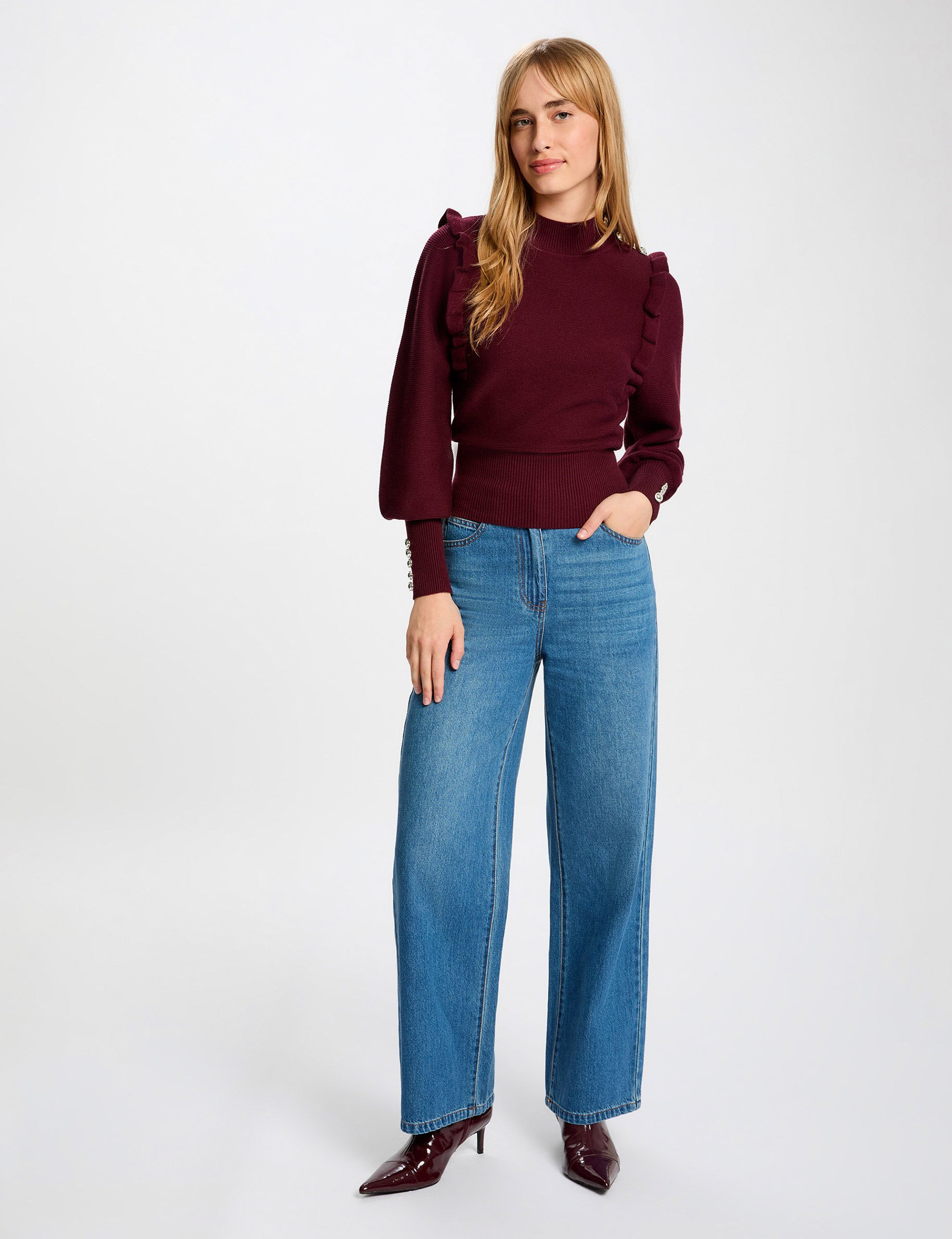 pull manches longues avec volants prune femme Pull manches longues avec volants prune femme
