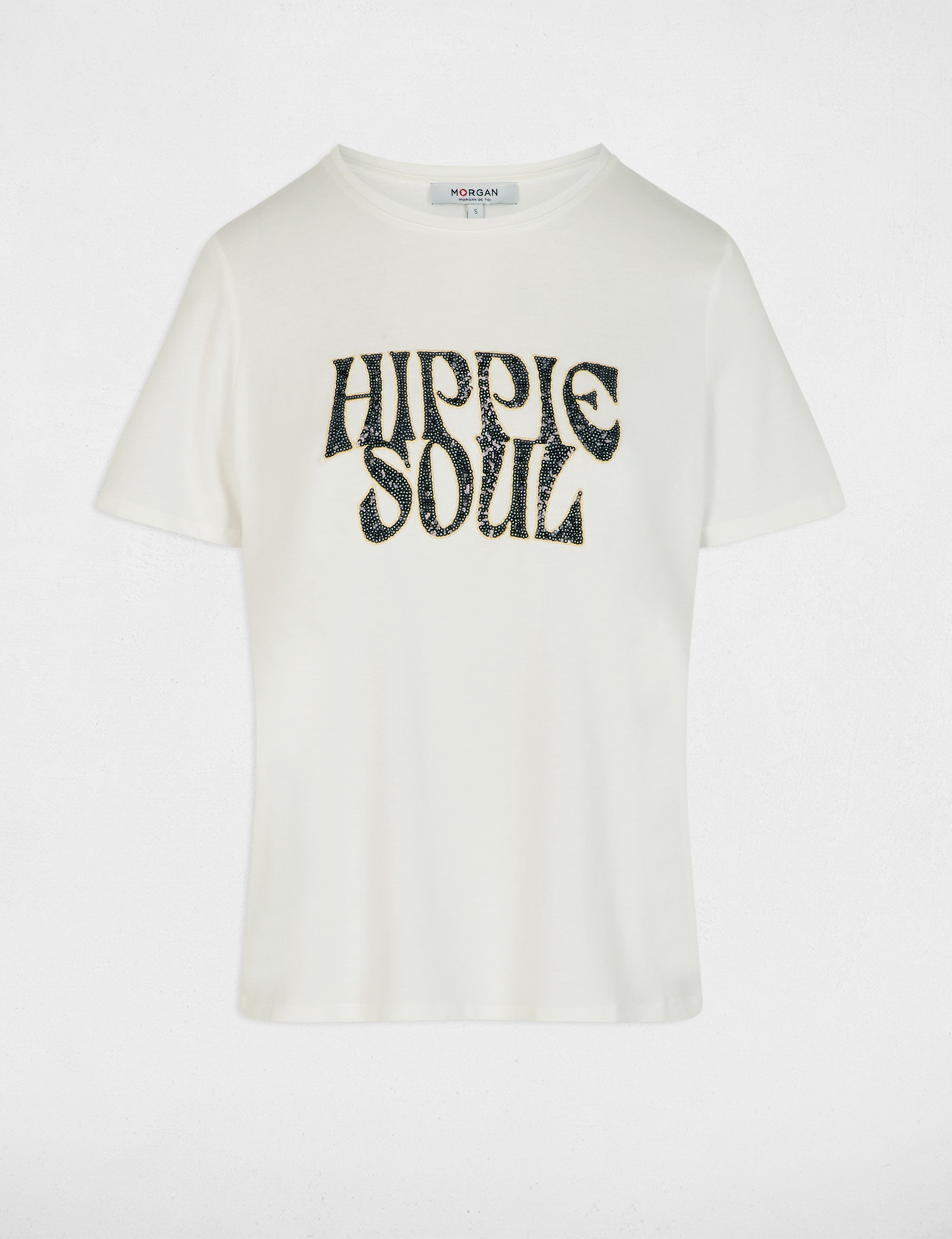 T-shirt brod&eacute; sequins blanc femme