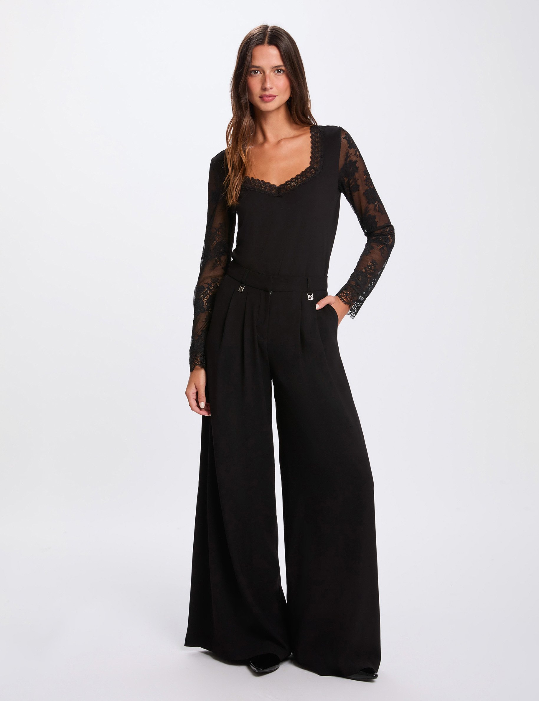 Kant T-shirt met hartvormige hals zwart vrouw