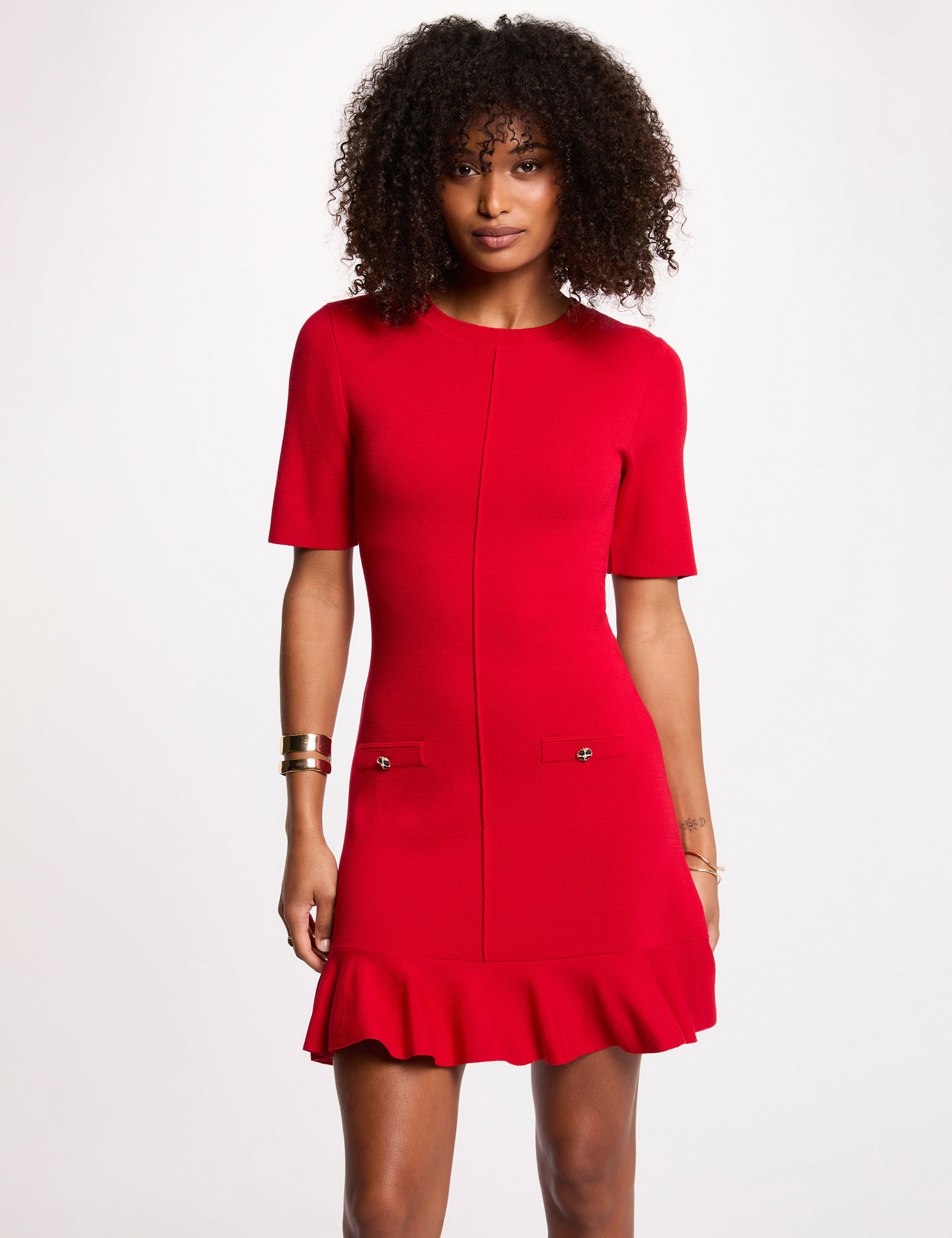 Robe tricot courte cintr&eacute;e rouge femme