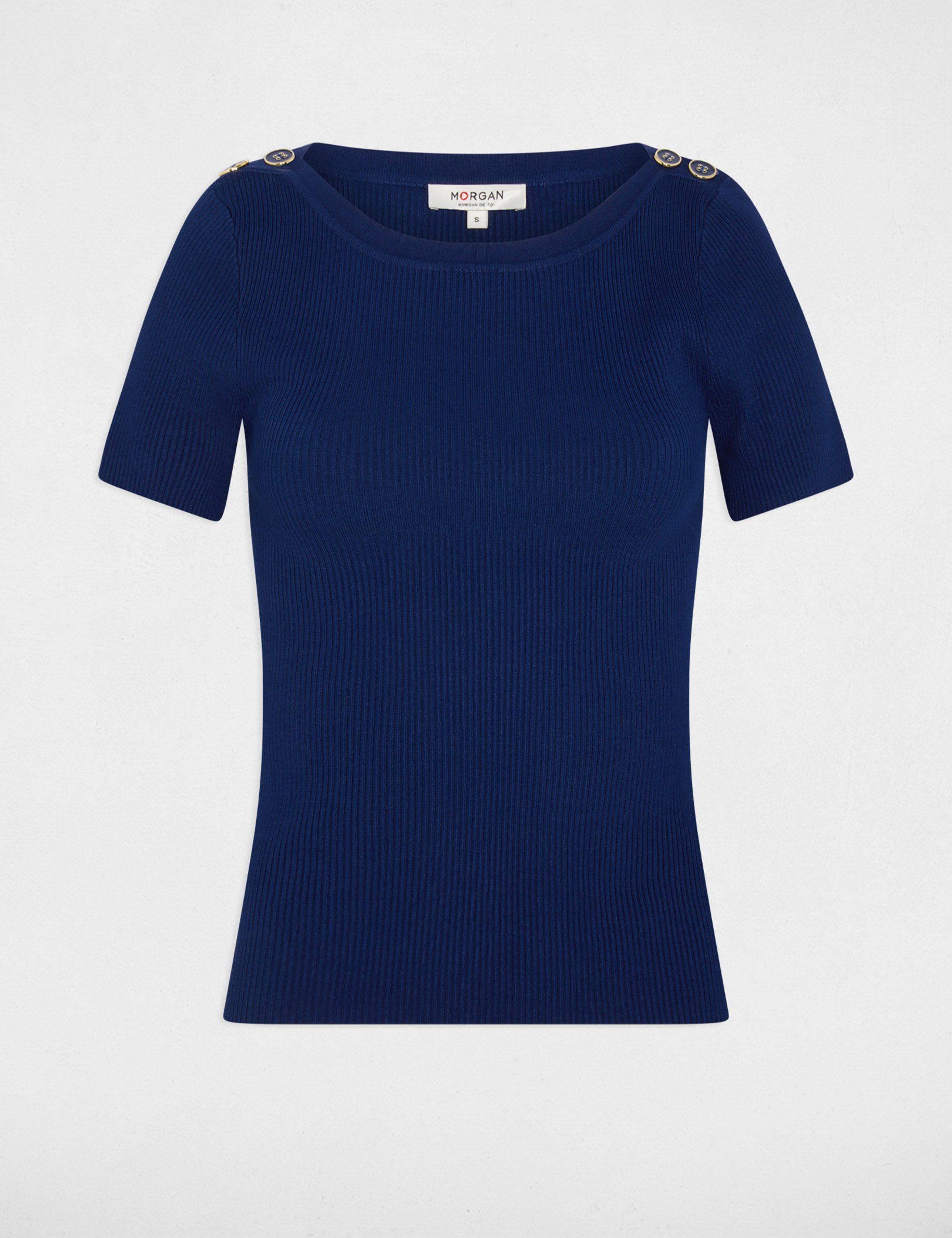 Pull col bateau et boutons bleu marine femme