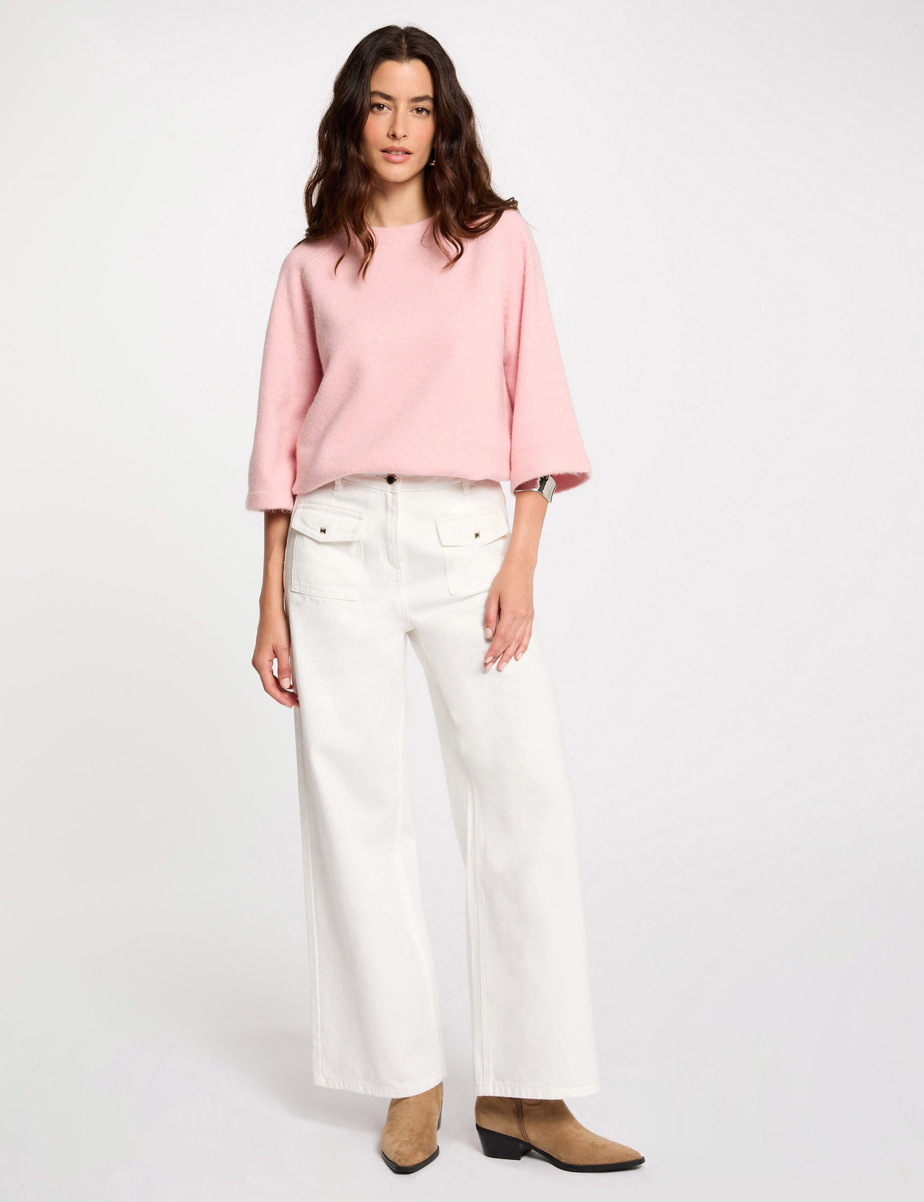 pull manches 34 oversize rose poudree femme Pull manches 3/4 oversize rose poudrée femme