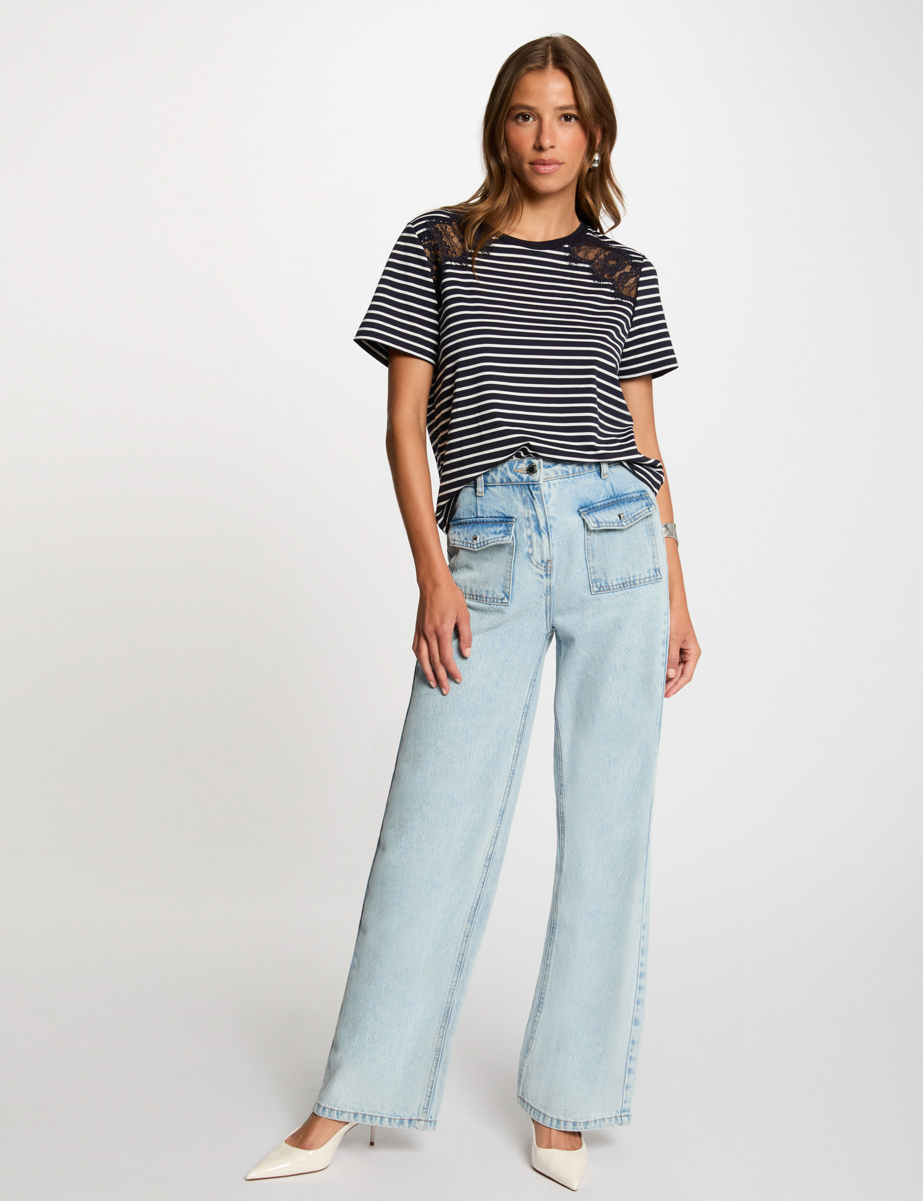 Gestreept T-shirt met korte mouwen marineblauw vrouw
