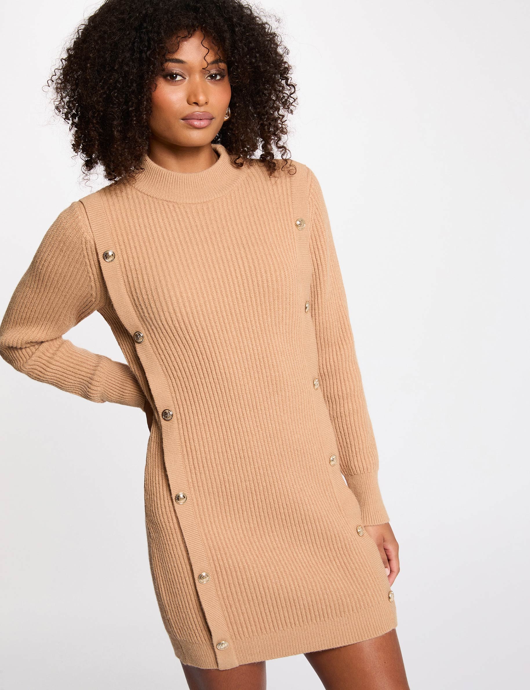 Korte gebreide jurk beige vrouw