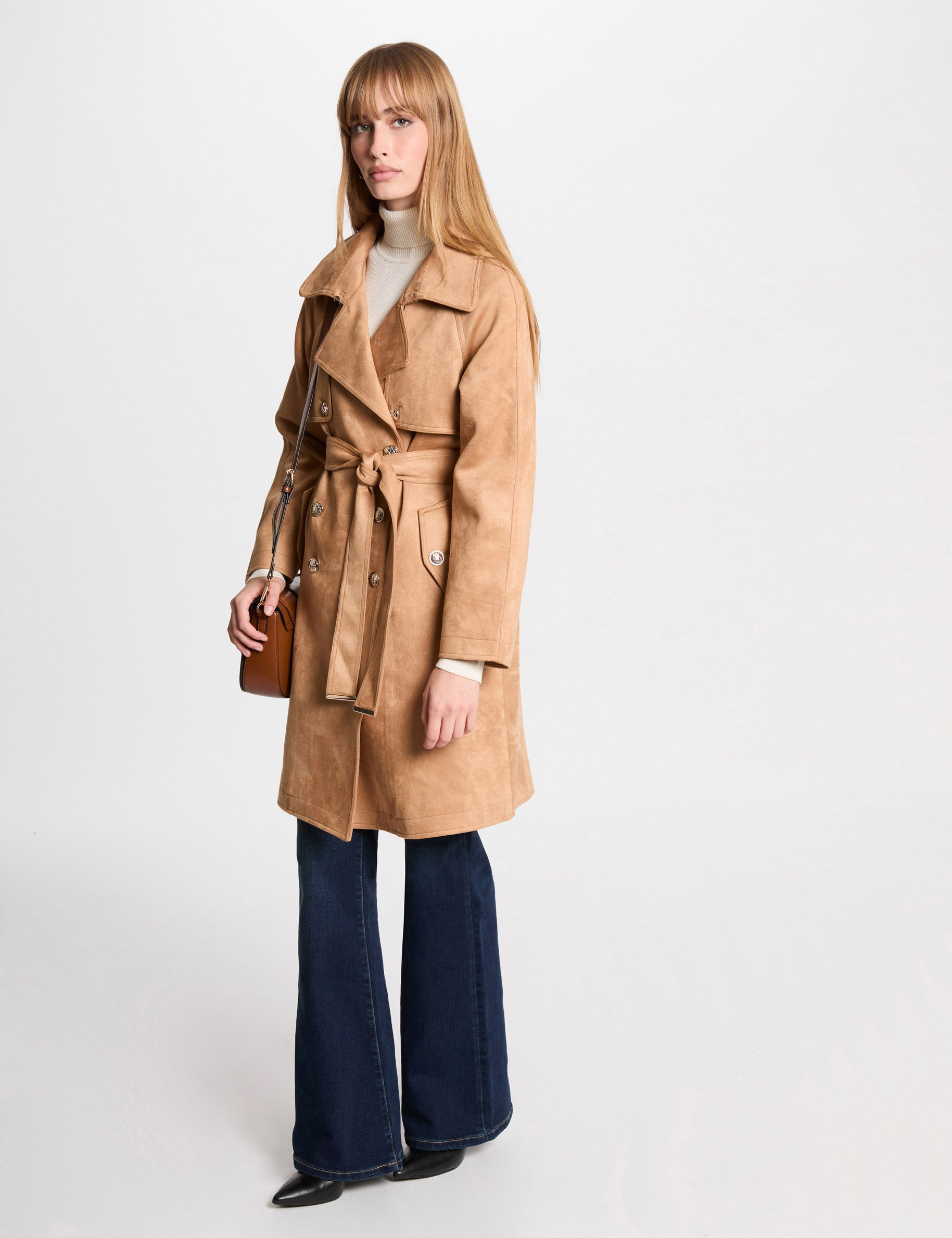 lange suede trenchcoat marron clair vrouw Lange suède trenchcoat marron clair vrouw
