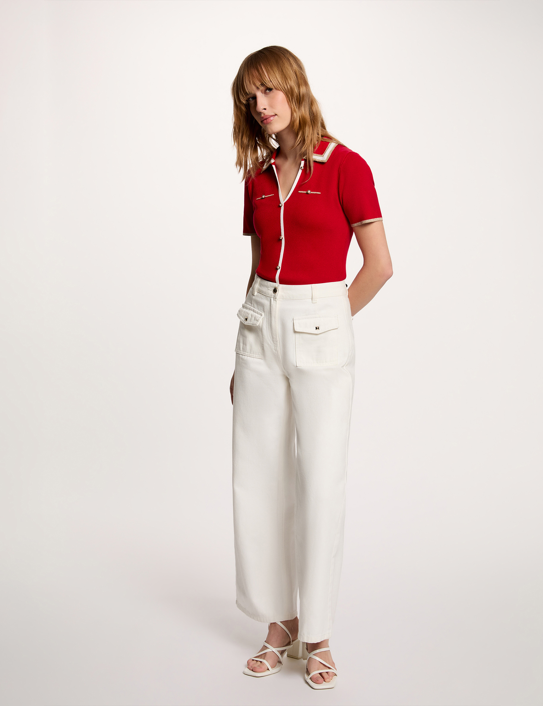 Pull col polo manches courtes rouge femme