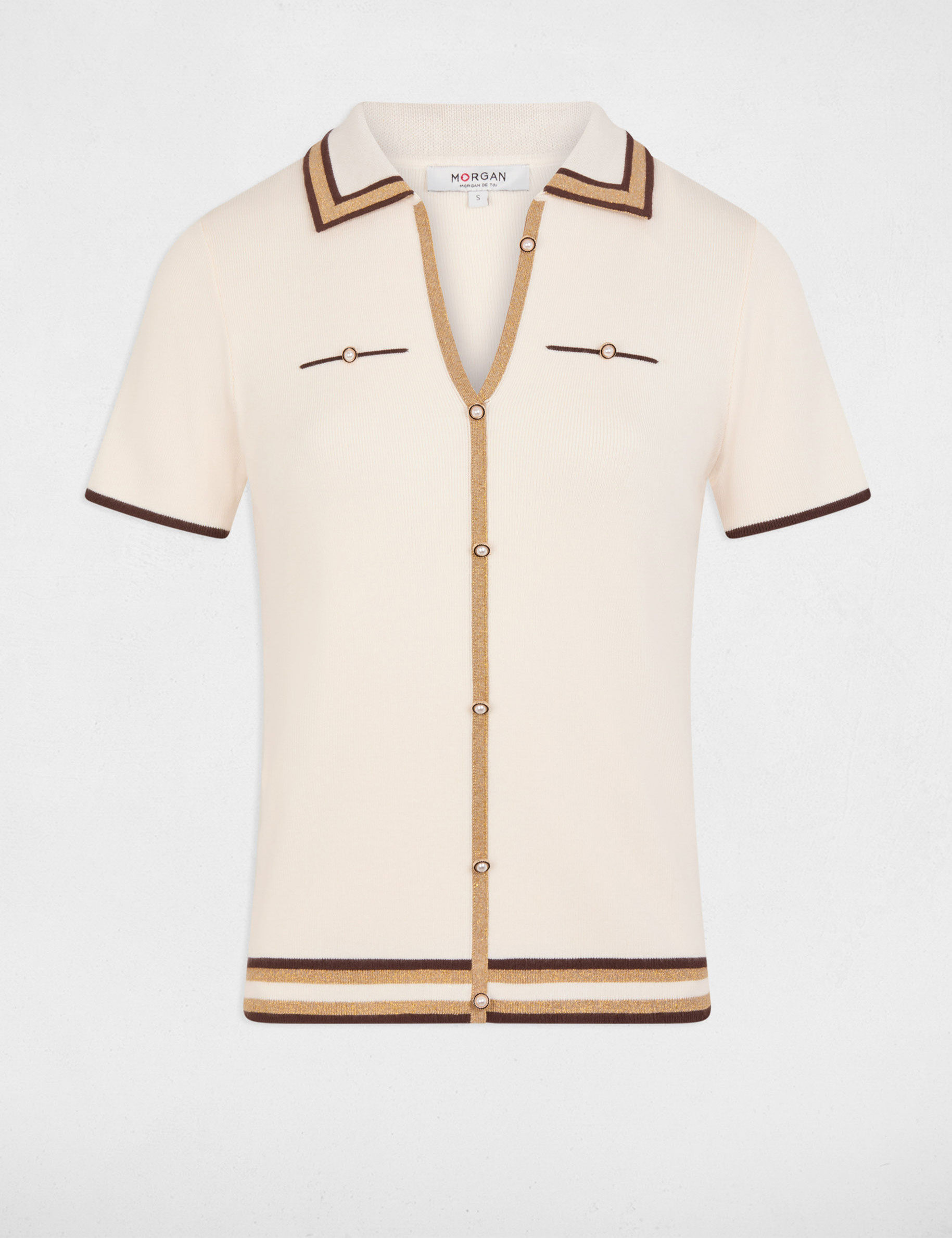 Pull col polo manches courtes ivoire femme