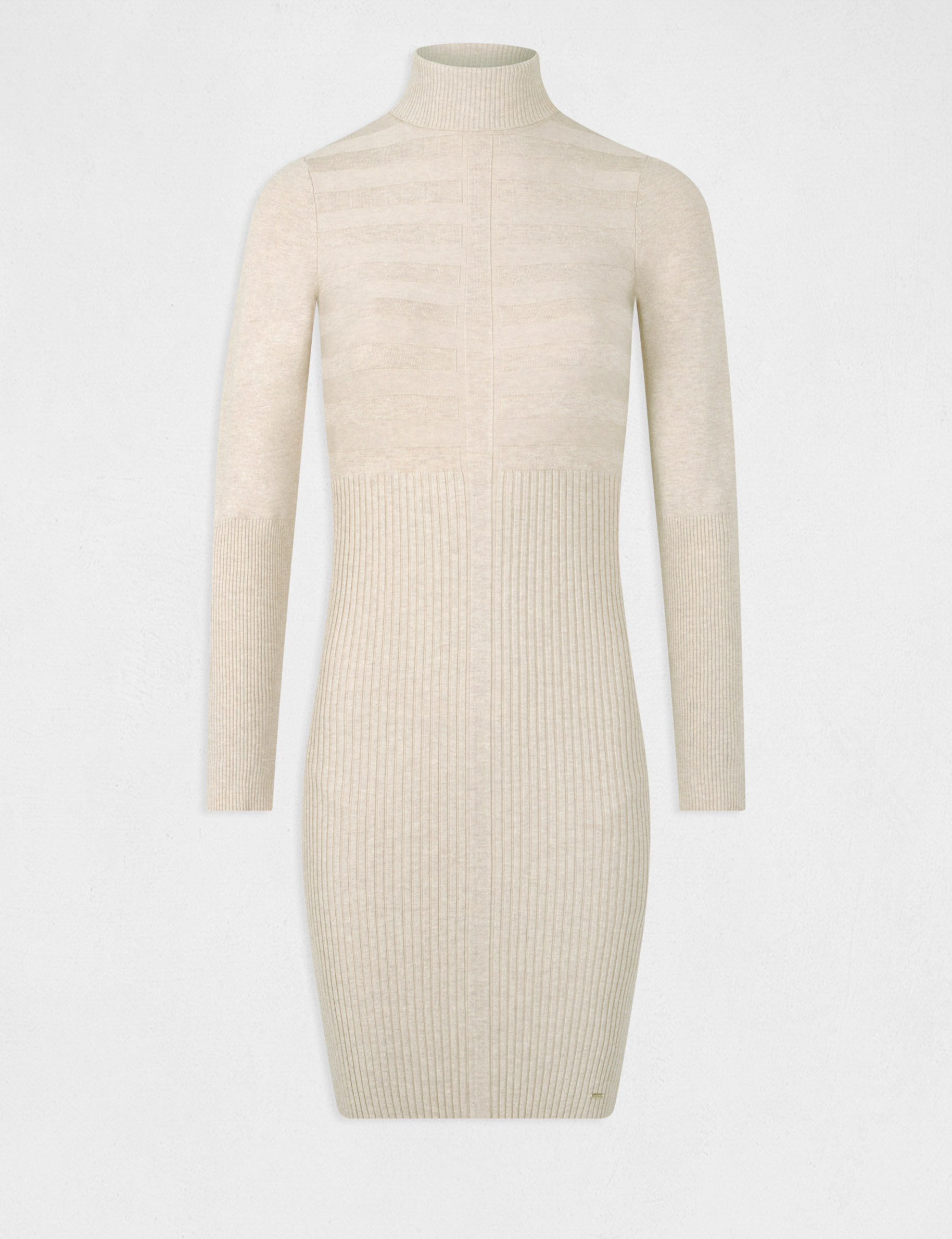 Getailleerde jurk met rolkraag in fijn tricot zand vrouw