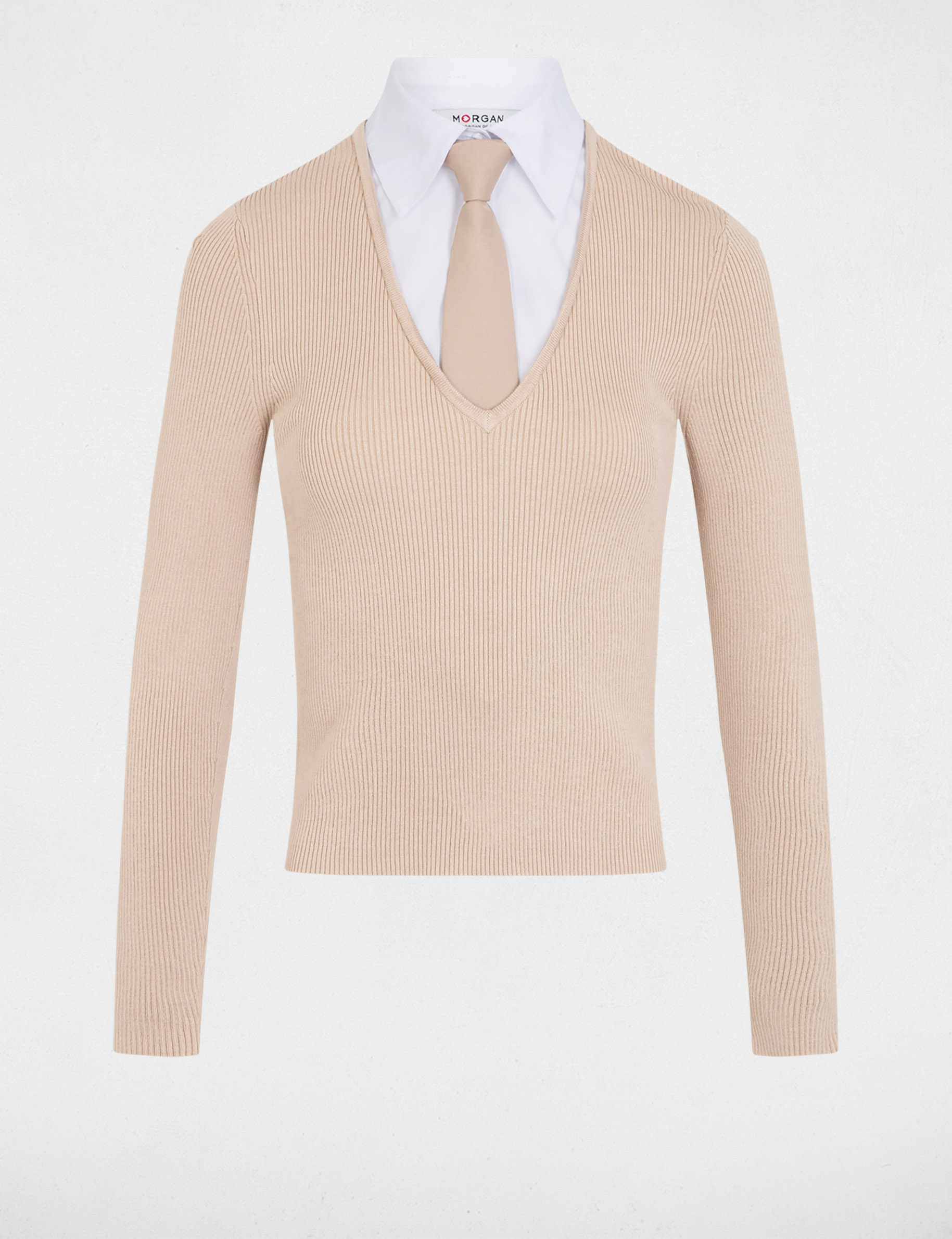 Pull 2-en-1 col à revers beige femme