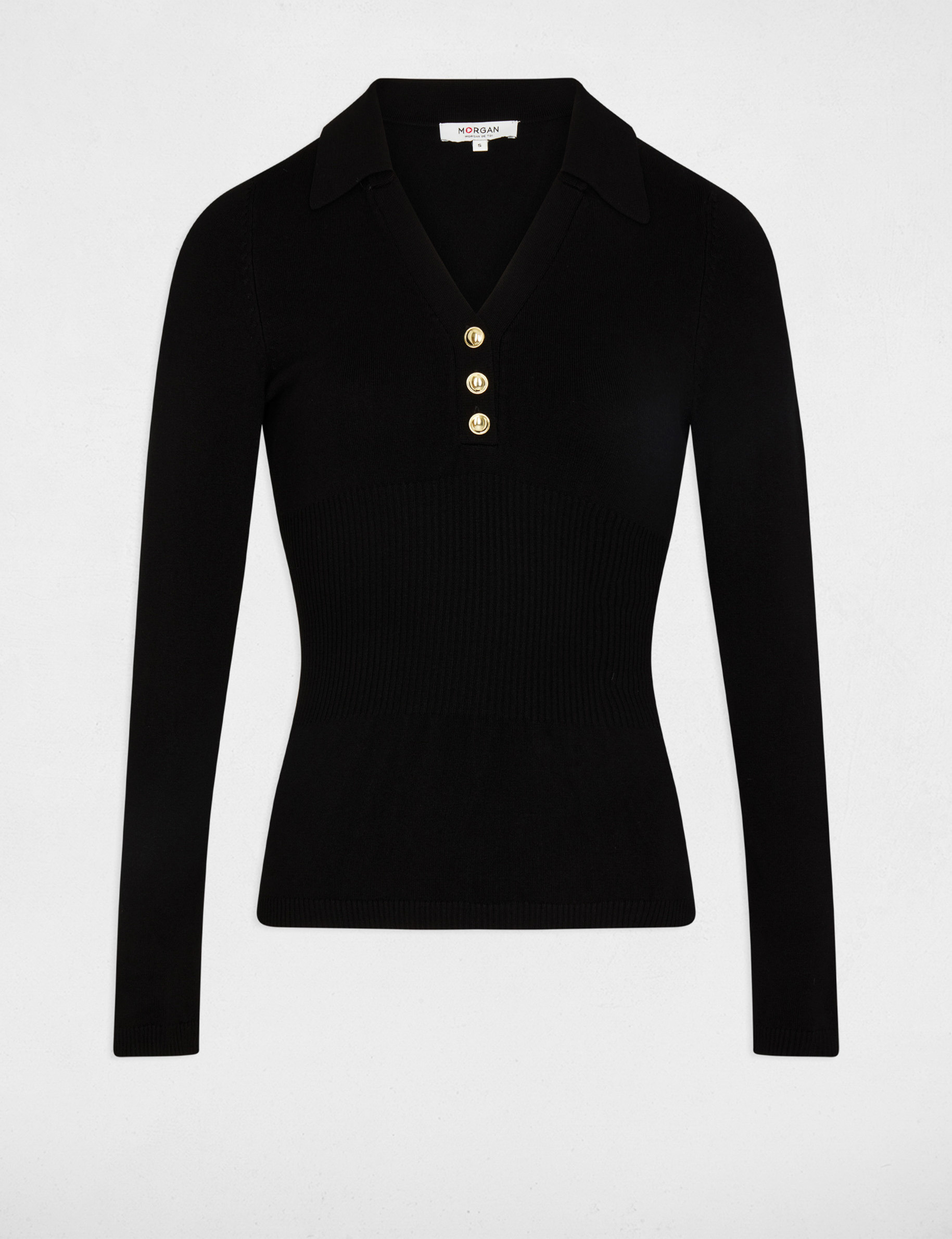 Pull ajusté col polo noir femme