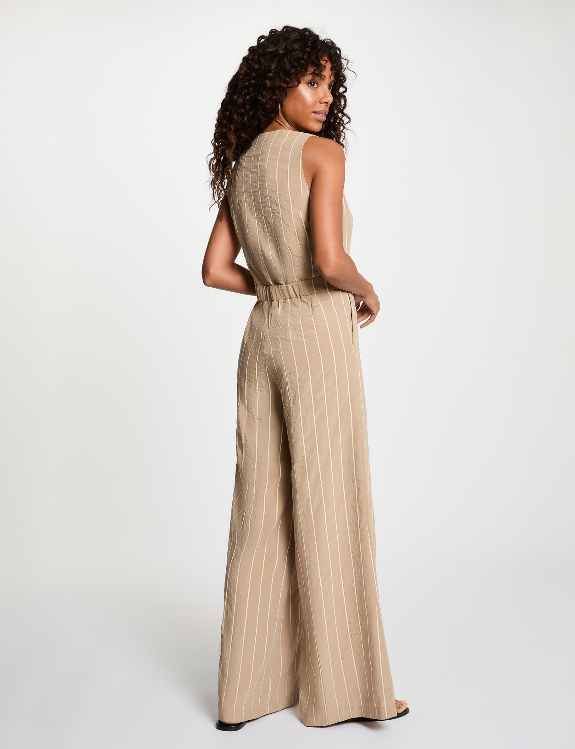 Gestreepte jumpsuit met V-hals taupe vrouw