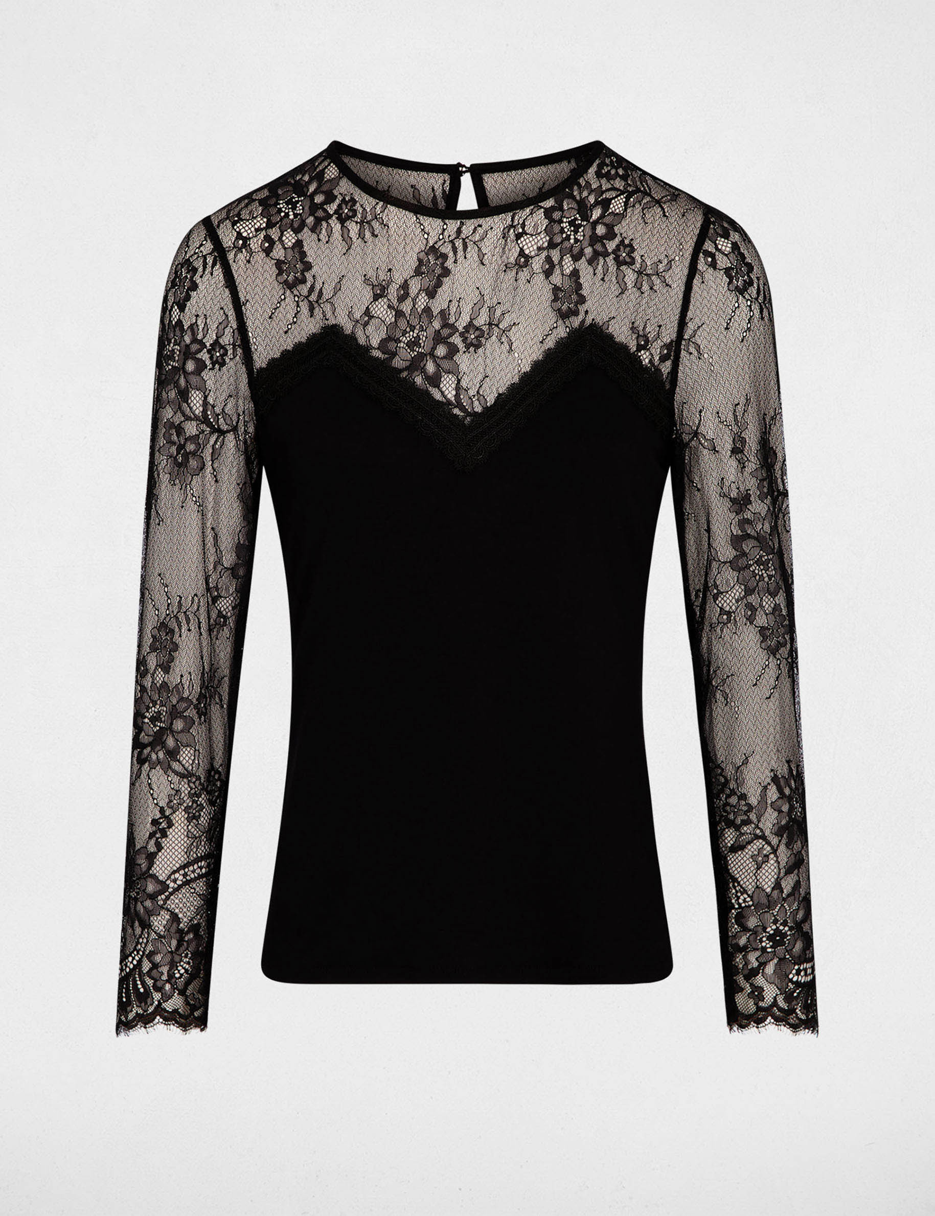 T-shirt dentelle col rond noir femme
