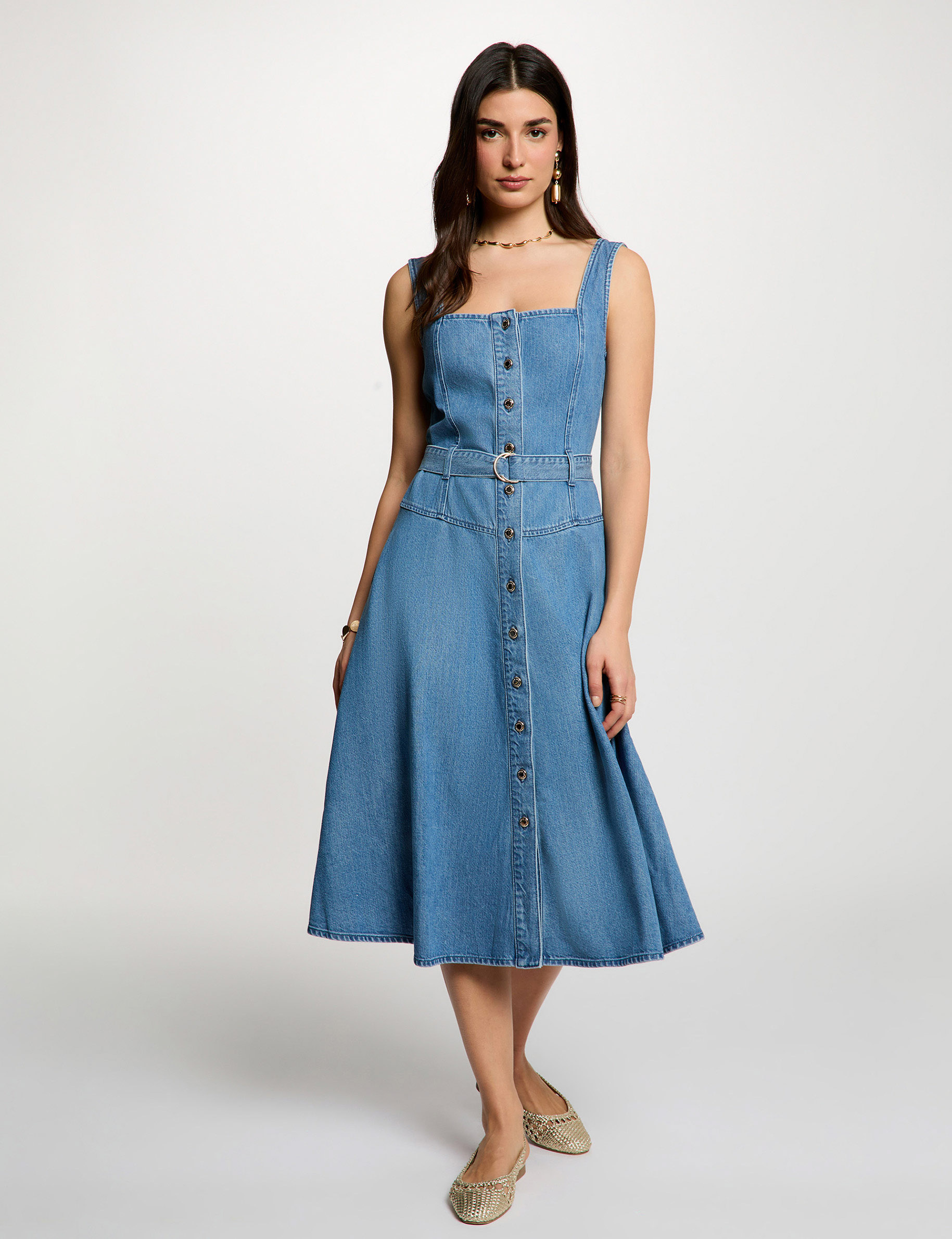 Robe mi-longue encolure carr&eacute;e denim stone femme