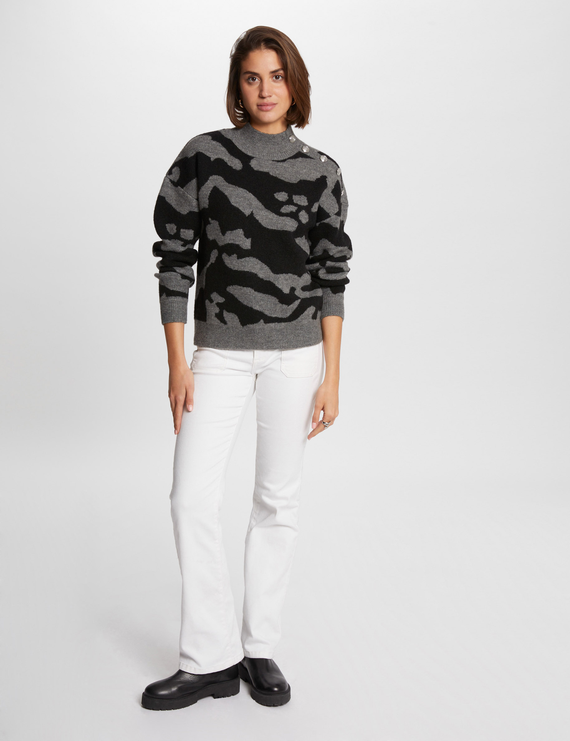 pull col montant imprime gris anthracite femme Pull col montant imprimé gris anthracite femme