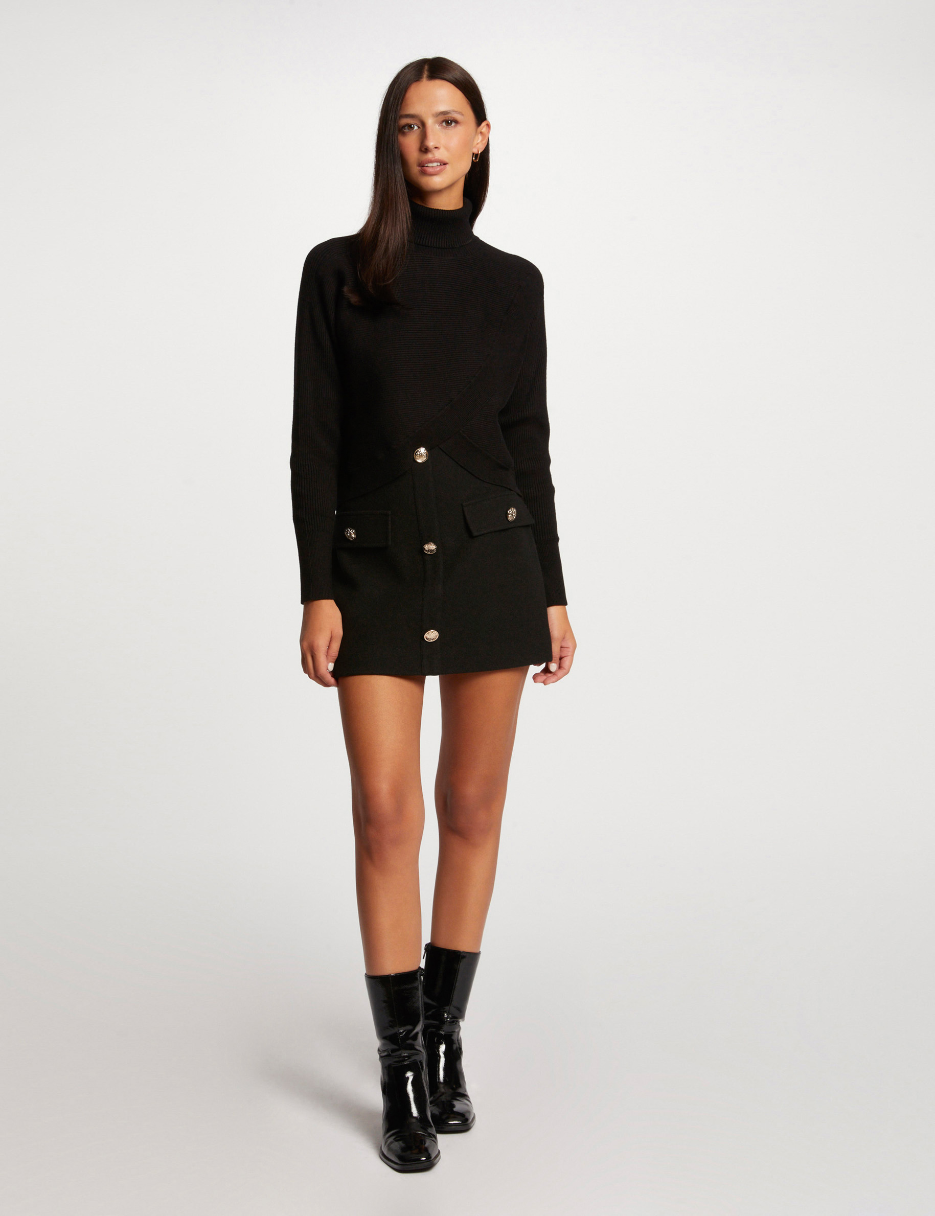 Pull manches longues effet crois&eacute; noir femme