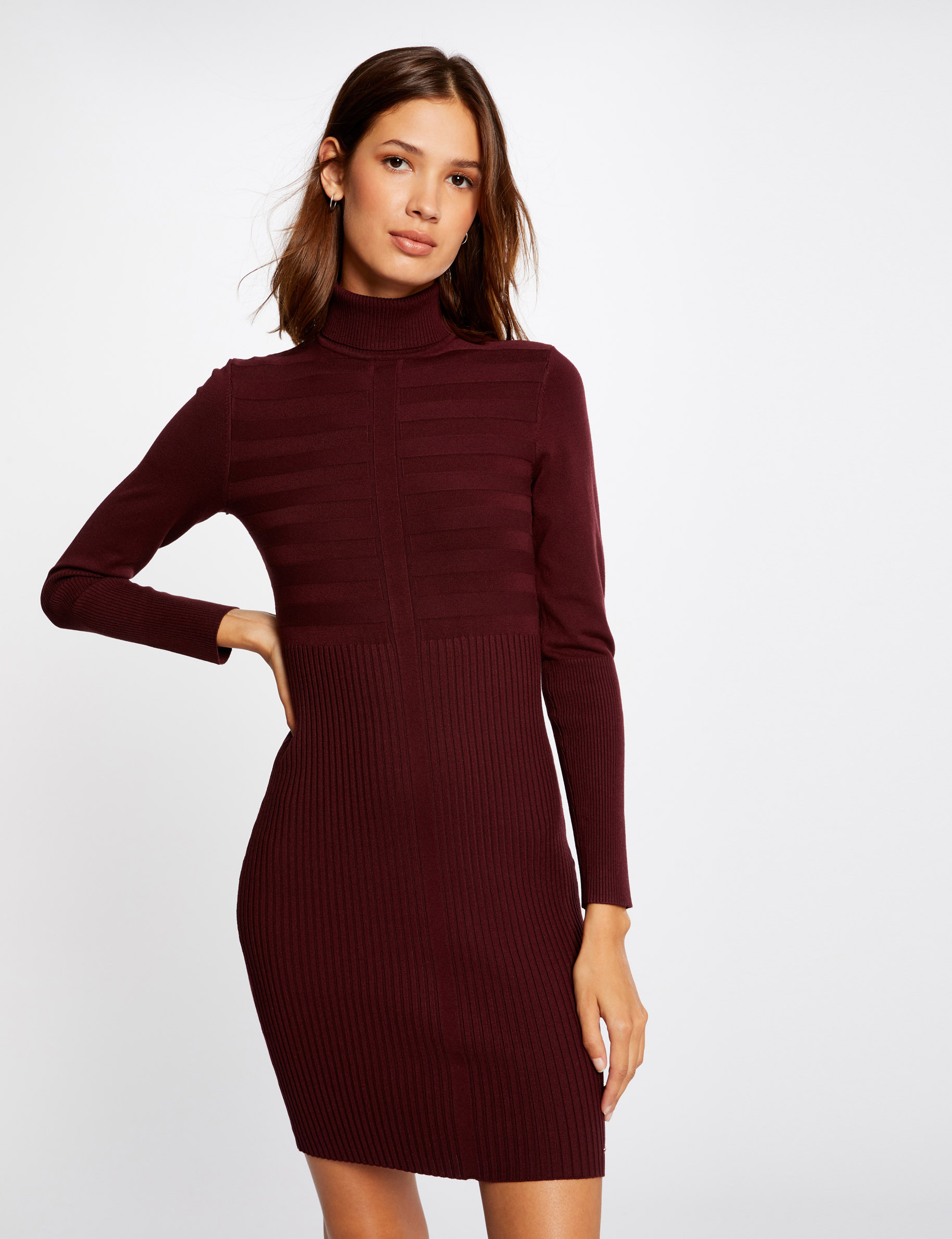 Robe ajust&eacute;e col roul&eacute; fine maille violet fonc&eacute; femme