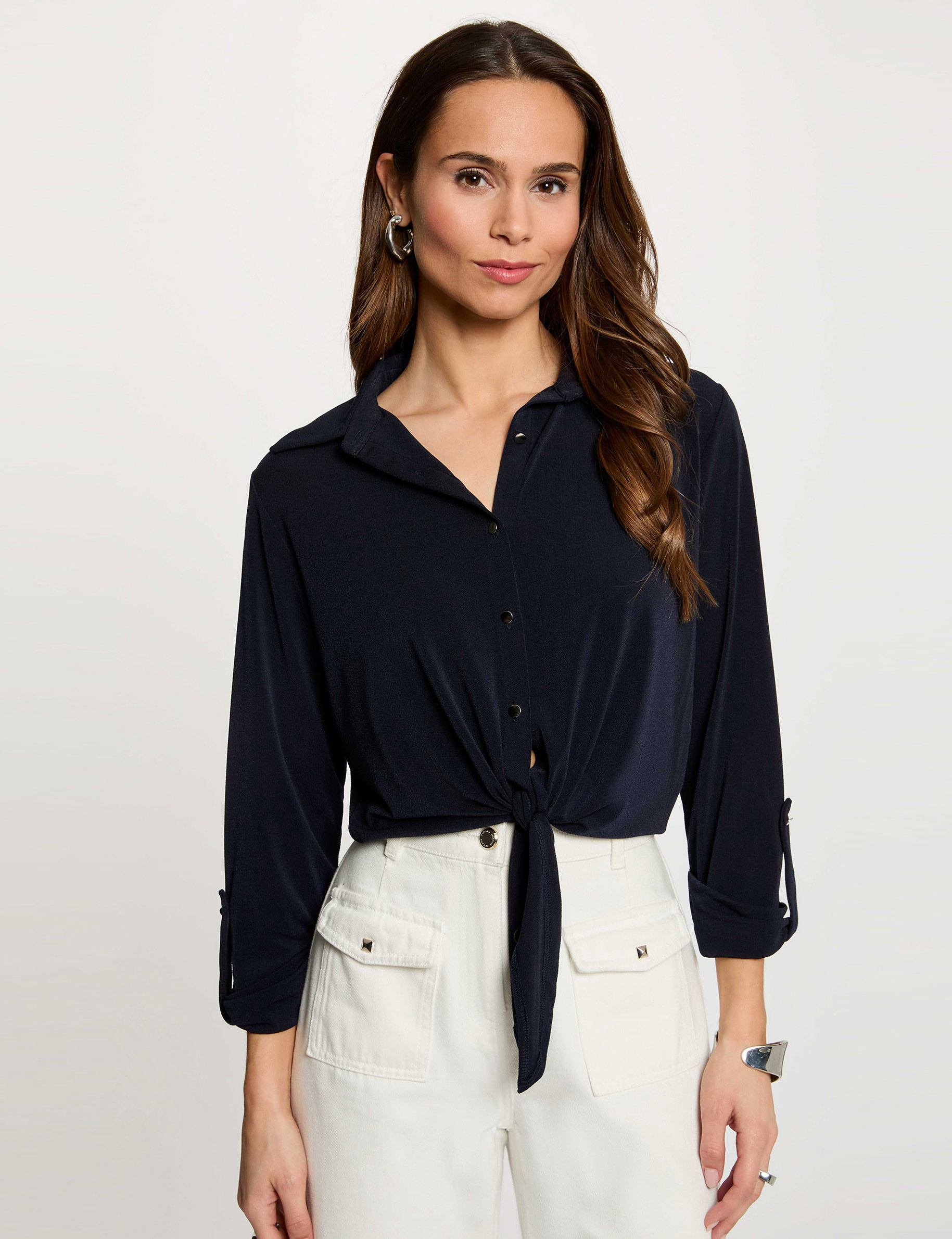 Chemise col &agrave; revers bleu marine femme